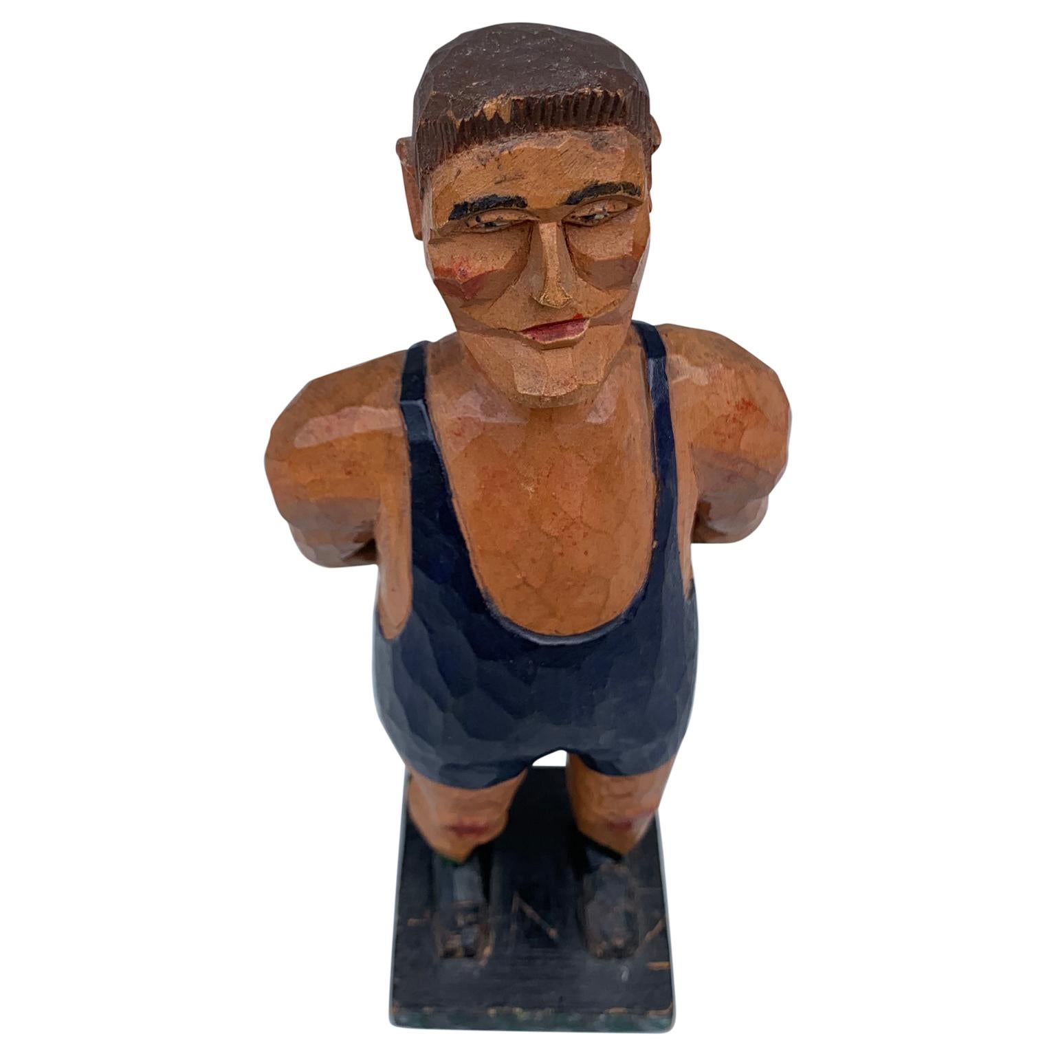 Folk Art Swedish Painted Wooden Carved Figure of a Wrestler