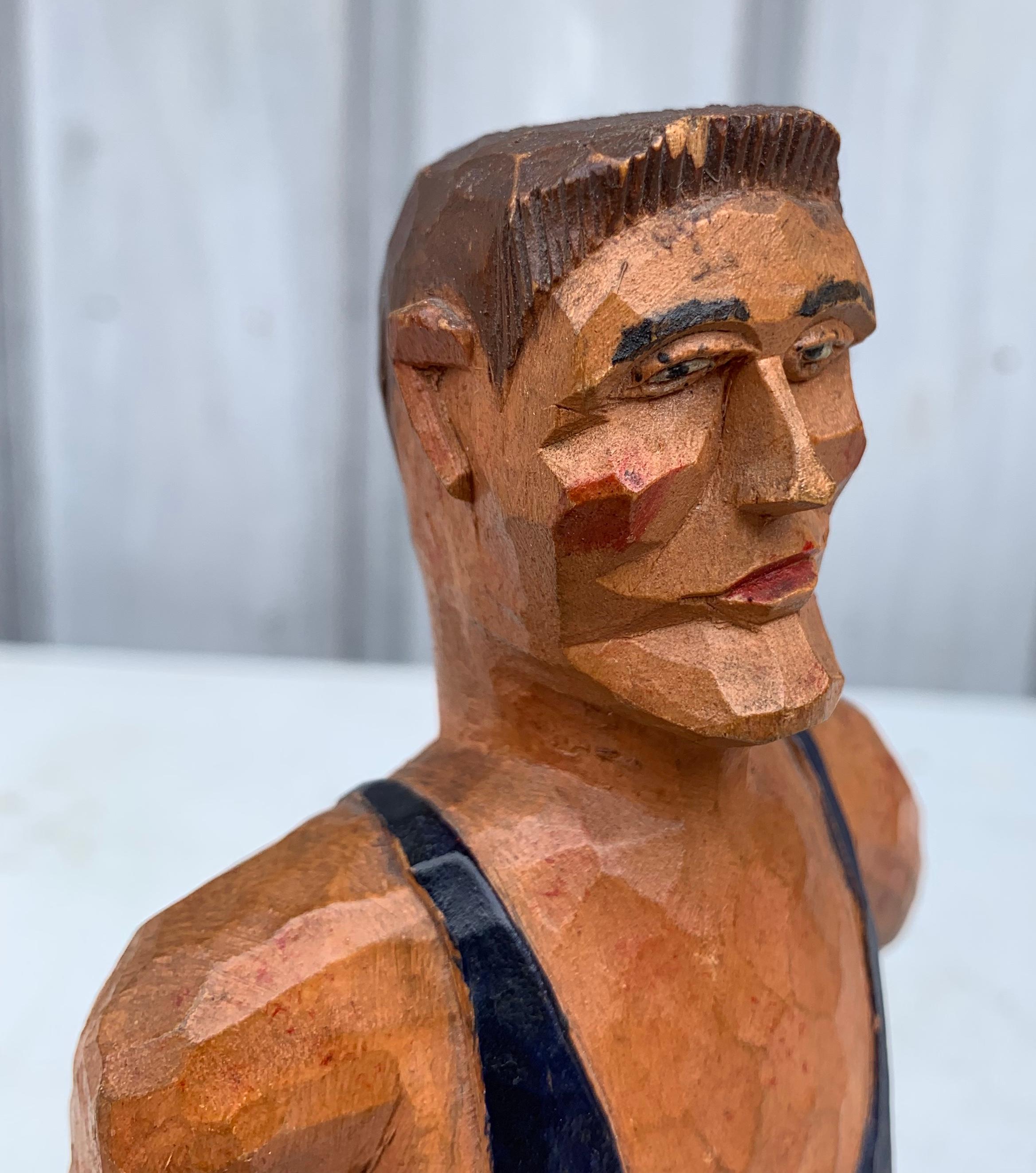 Pine Swedish Painted Wooden Carved Figure of a Wrestler