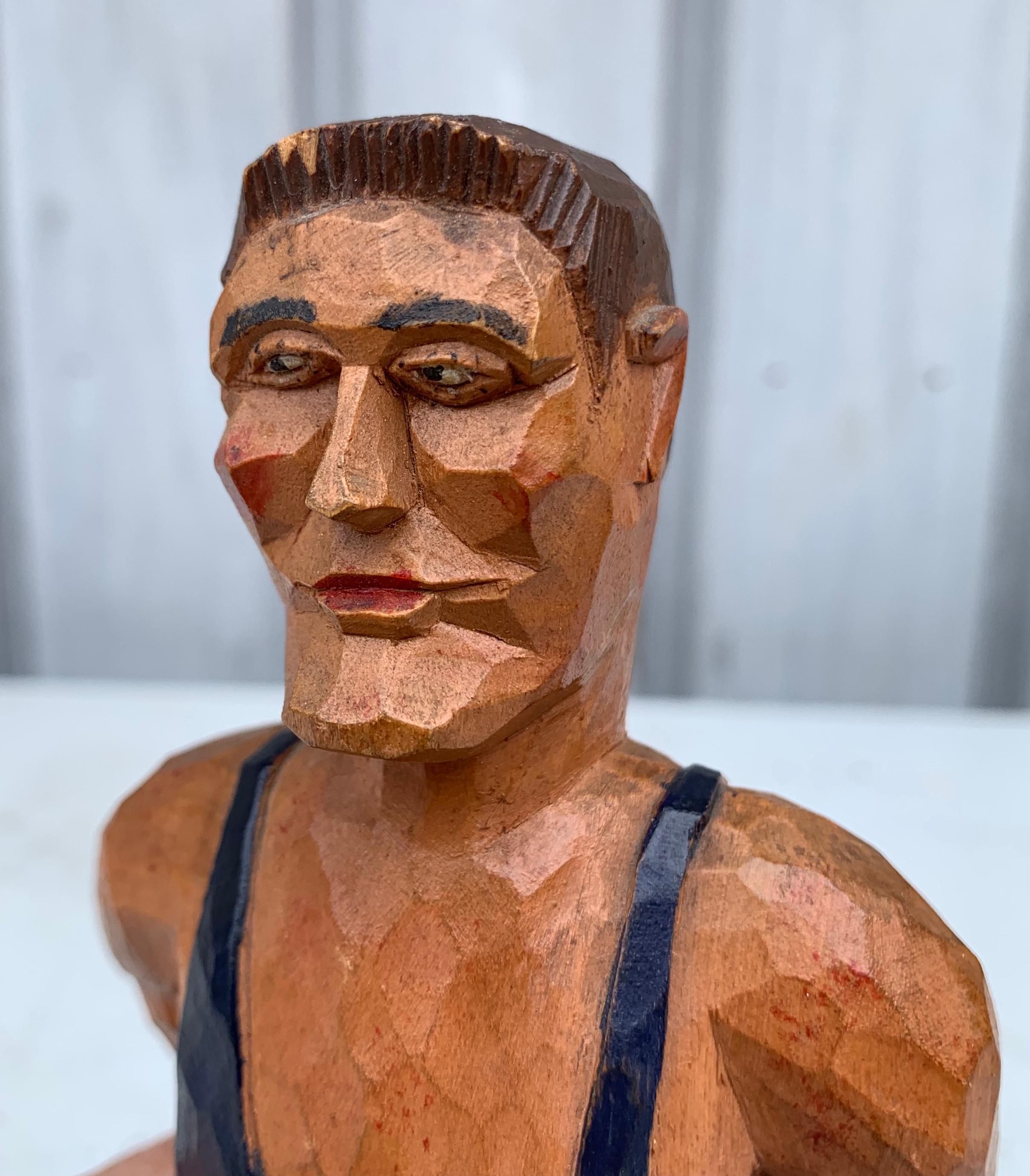 Swedish Painted Wooden Carved Figure of a Wrestler 1