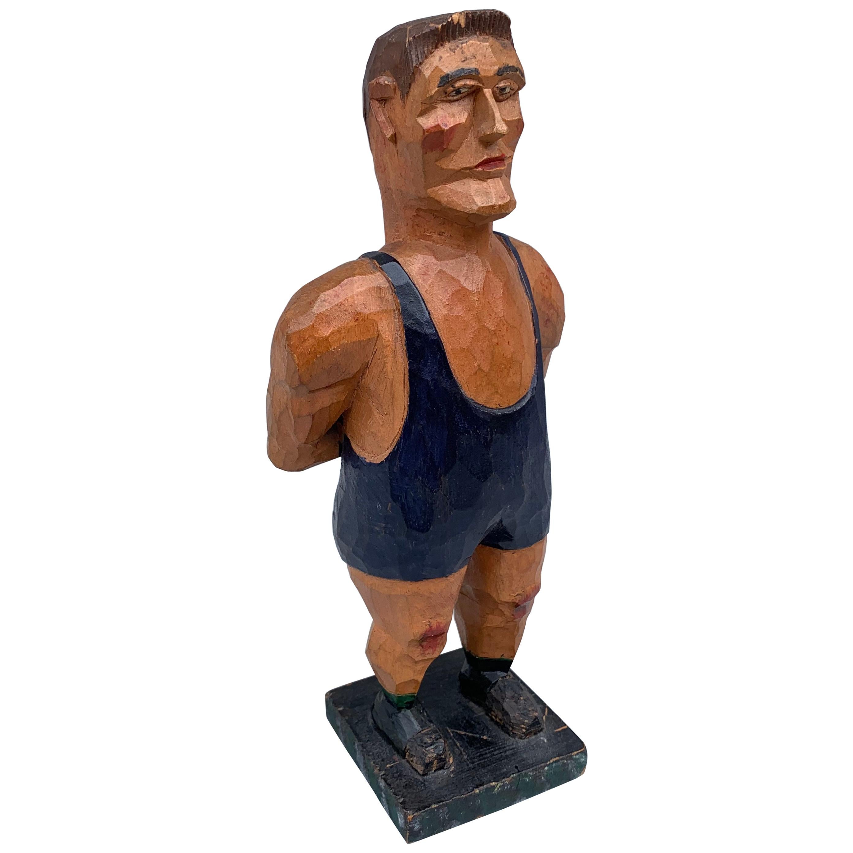 Swedish Painted Wooden Carved Figure of a Wrestler
