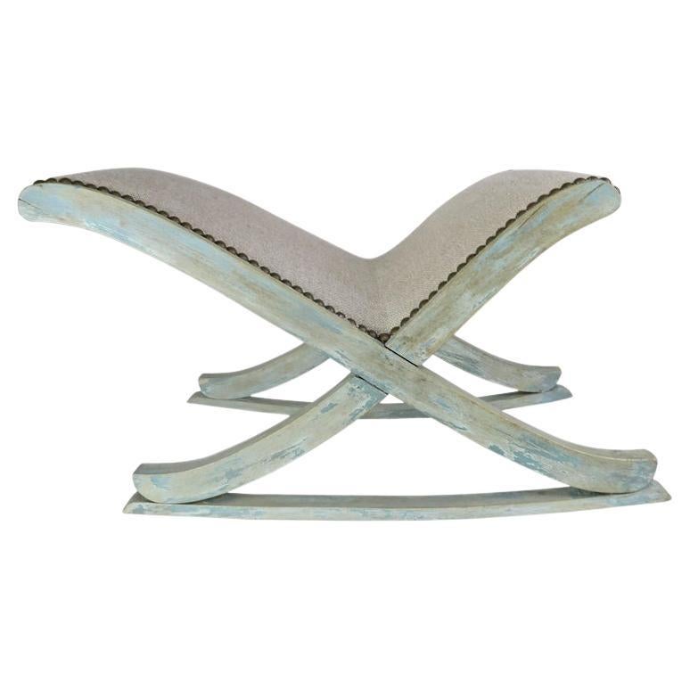 Swedish Painted "X" Rocking Bench with Linen Upholstery, circa 1930s For Sale