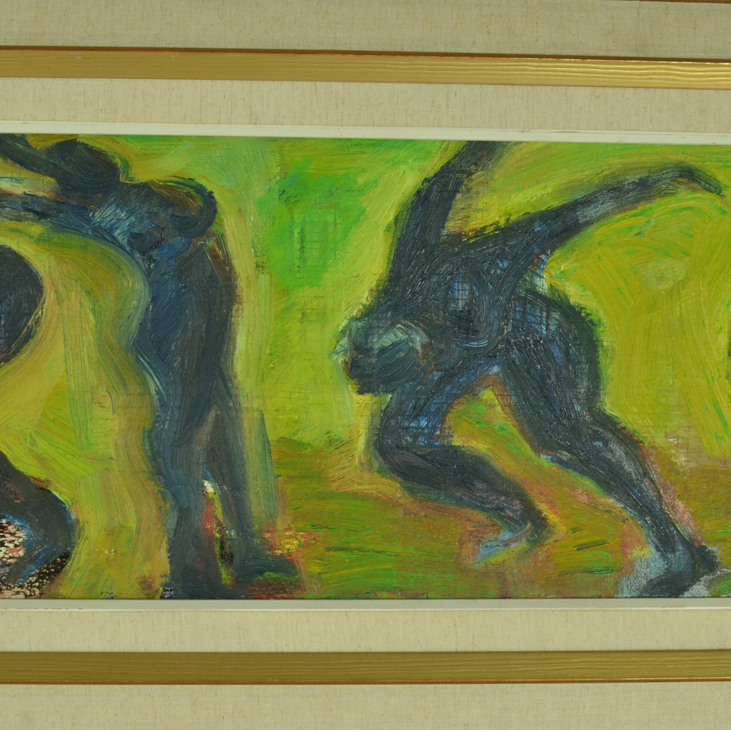 Dynamic Swedish figurative painting of five contemporary dancing women in a green field by R. Dagstrom 1960's. The artist accentuated the expression by wild brush strokes following the movements. The five poses of the dancers lined up almost makes