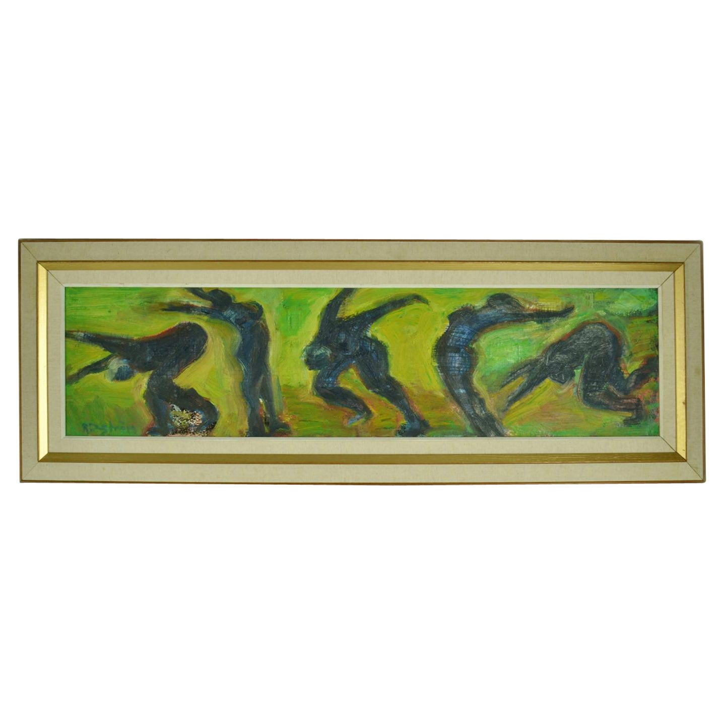 Schwedisches Gemälde mit tanzenden Frauen in grüner Landschaft von R. Dagstrom im Angebot