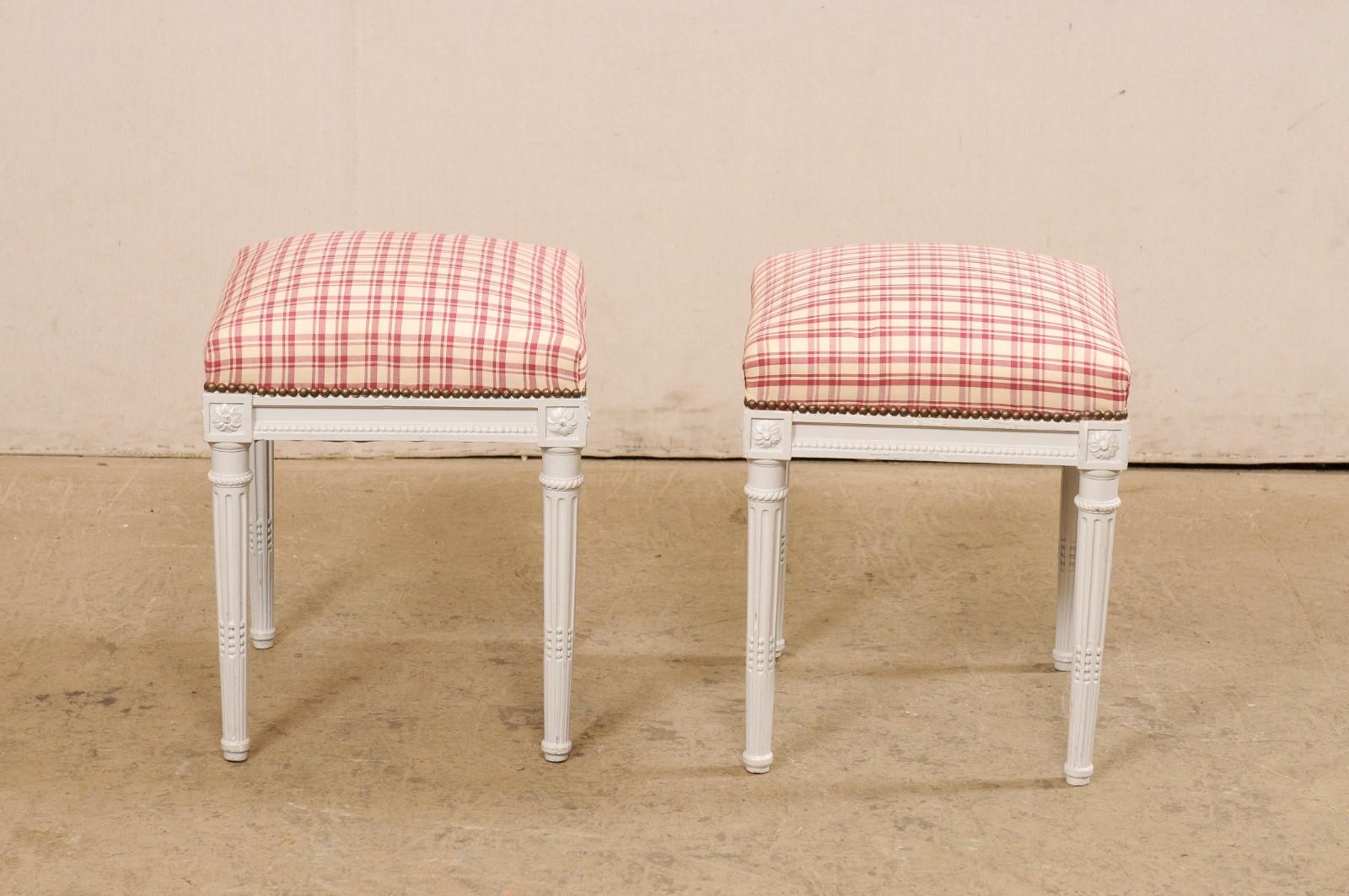 Upholstery Swedish Pair Carved & Painted Wood Stools w/Upholstered Seats For Sale
