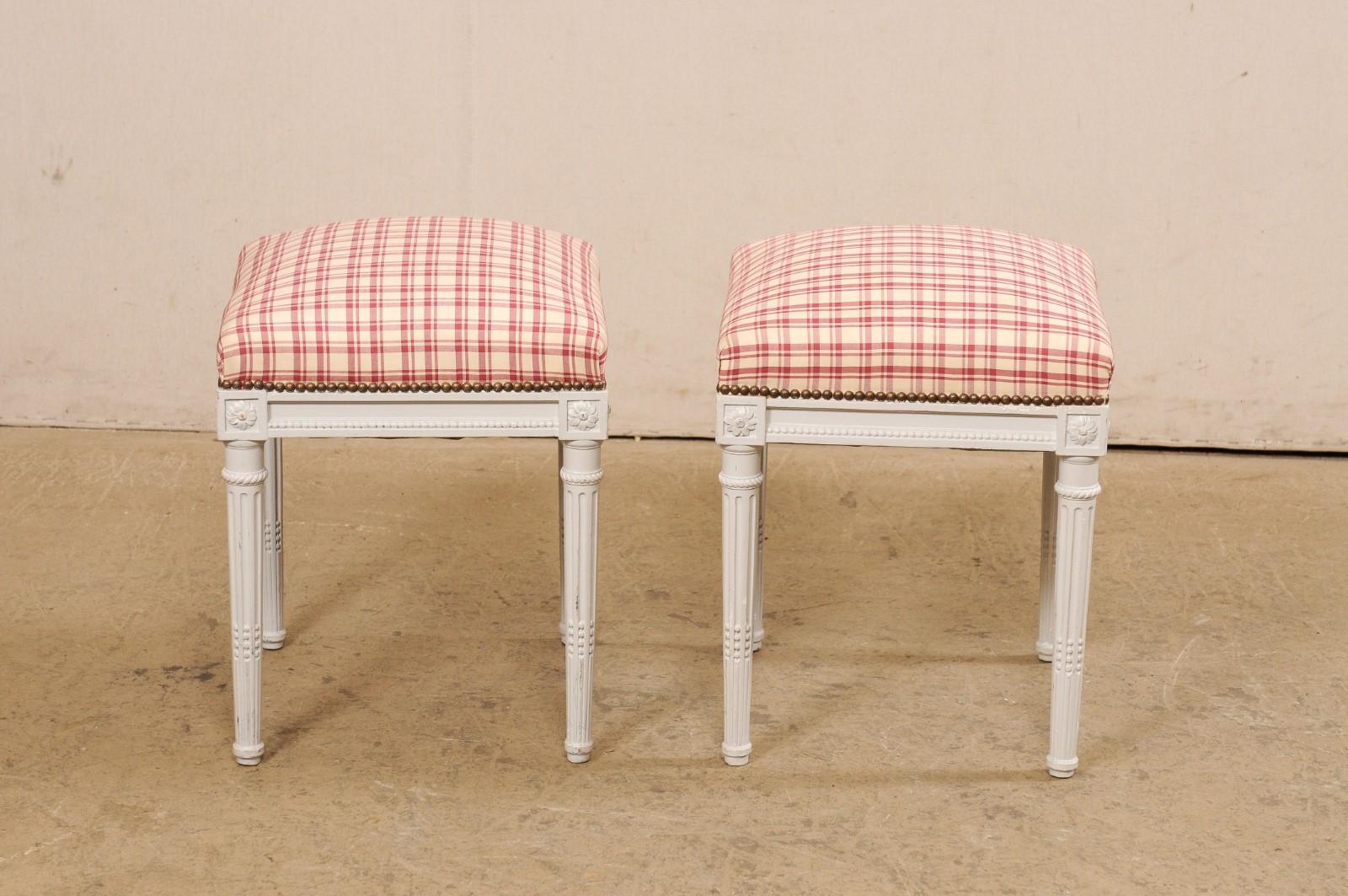 Swedish Pair Carved & Painted Wood Stools w/Upholstered Seats For Sale 2