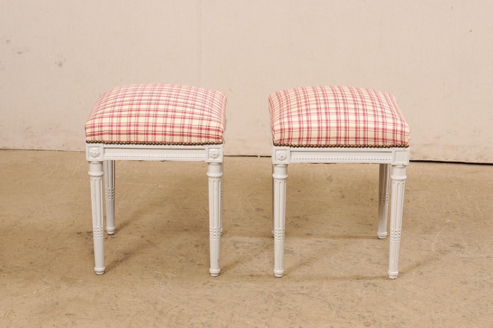 Swedish Pair Carved & Painted Wood Stools w/Upholstered Seats For Sale 3