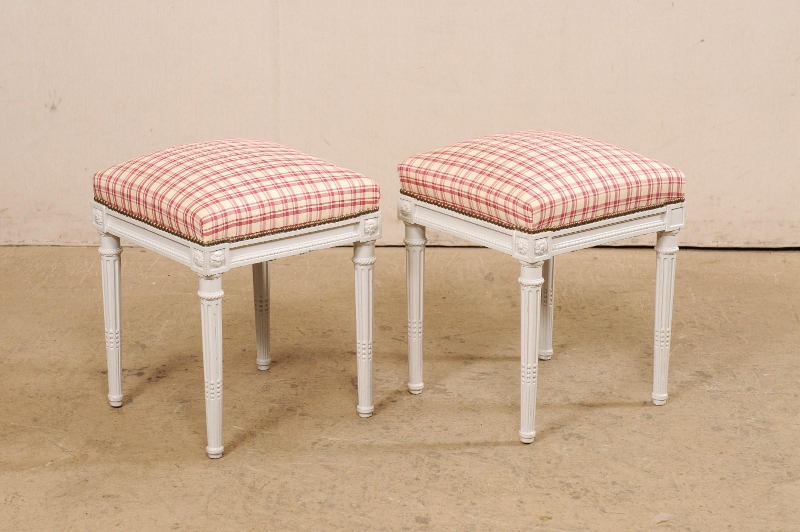 Swedish Pair Carved & Painted Wood Stools w/Upholstered Seats For Sale 4