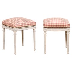 Swedish Pair Carved & Painted Wood Stools w/Upholstered Seats