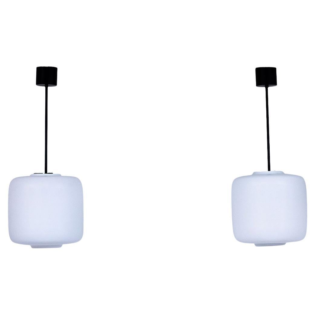 Swedish Pair of Black Metal & White Matte Opaline Glass Pendant Lamps, 1950s For Sale