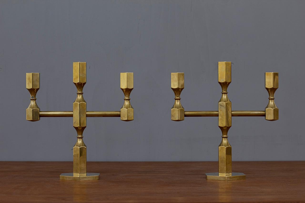 Swedish Scandinavian Modern Brass Candelabras by Lars Bergsten for Gusum, Sweden