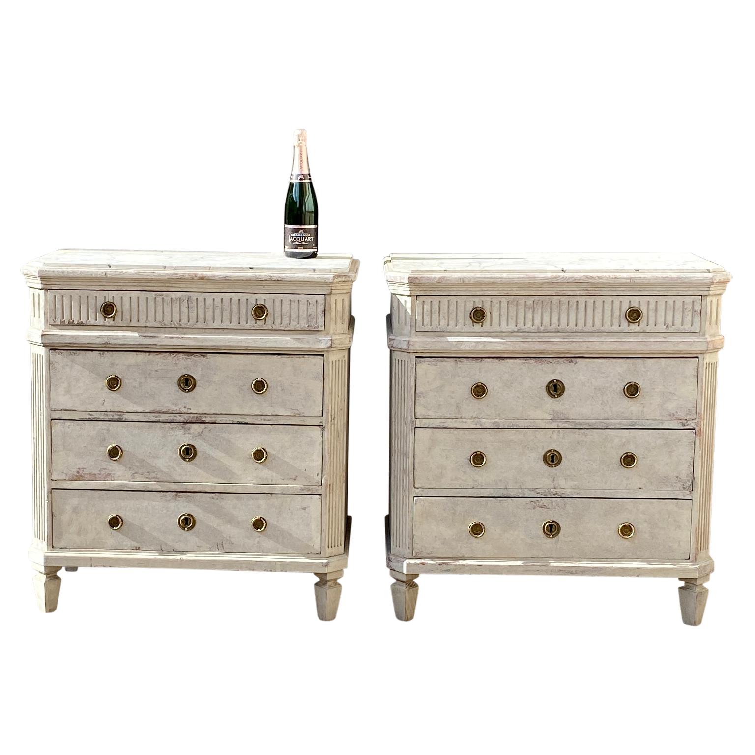 Hand-Crafted Swedish Pair of Gustavian Three Drawer Dressers with Faux Marble Tops For Sale