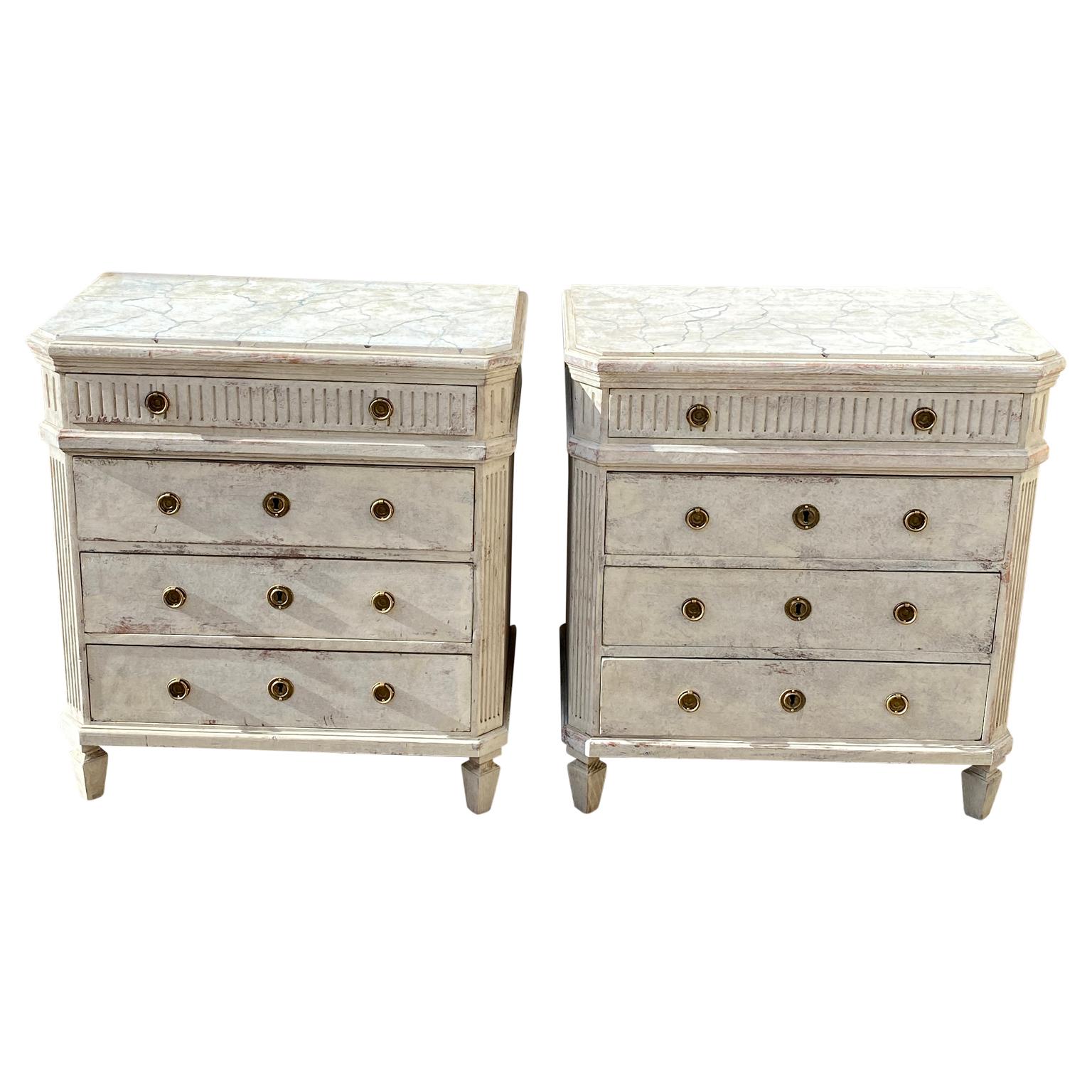 Swedish Pair of Gustavian Three Drawer Dressers with Faux Marble Tops For Sale