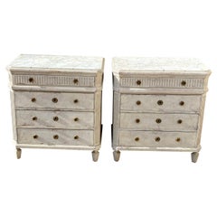 Swedish Pair of Gustavian Three Drawer Dressers with Faux Marble Tops