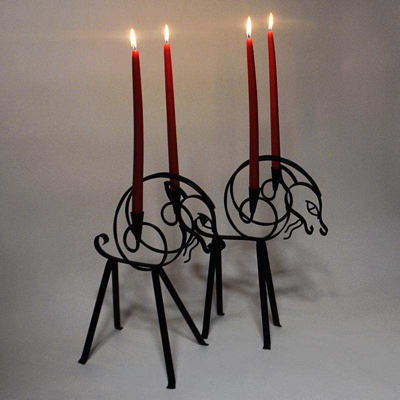 Scandinavian Modern Swedish Pair of Iron Goat Candleholders by Gunnar Ander for Ystad-Metall 1960s