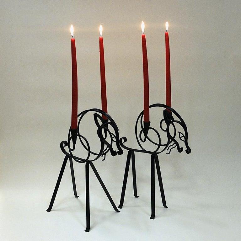 Forged Swedish Pair of Iron Goat Candleholders by Gunnar Ander for Ystad-Metall 1960s For Sale