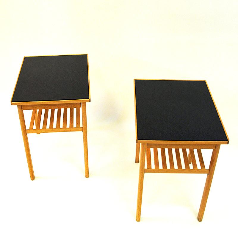 Scandinavian Modern Swedish Pair of Midcentury Oak and Glass Top Side Tables, 1960s
