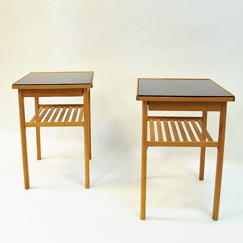 Hand-Painted Swedish Pair of Midcentury Oak and Glass Top Side Tables, 1960s