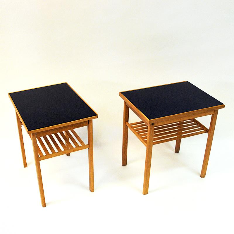 Mid-20th Century Swedish Pair of Midcentury Oak and Glass Top Side Tables, 1960s