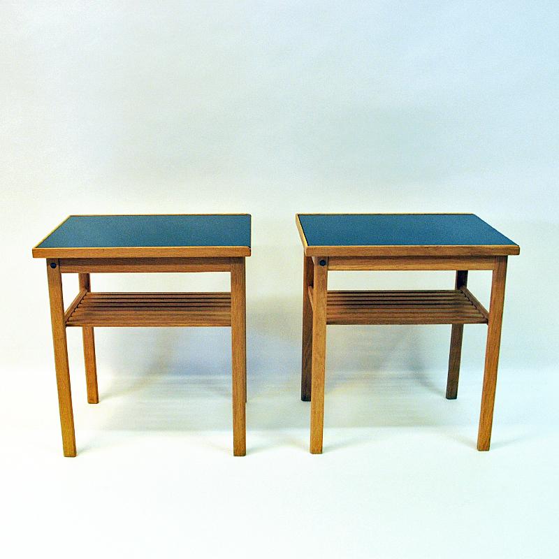Swedish Pair of Midcentury Oak and Glass Top Side Tables, 1960s 1
