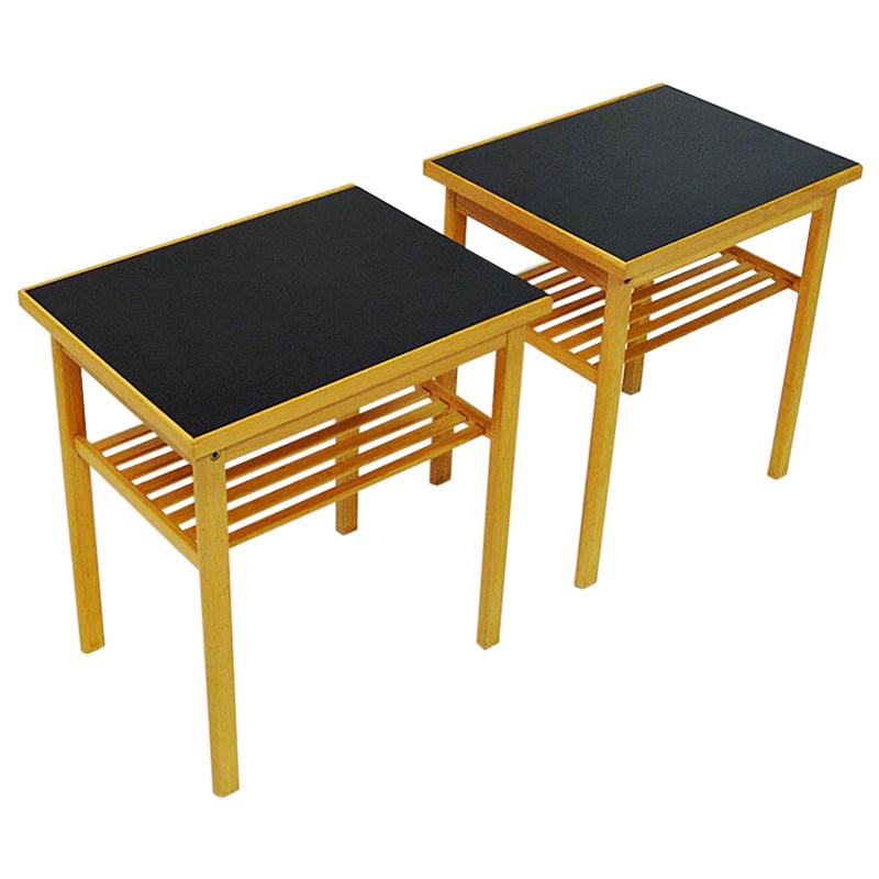 Swedish Pair of Midcentury Oak and Glass Top Side Tables, 1960s