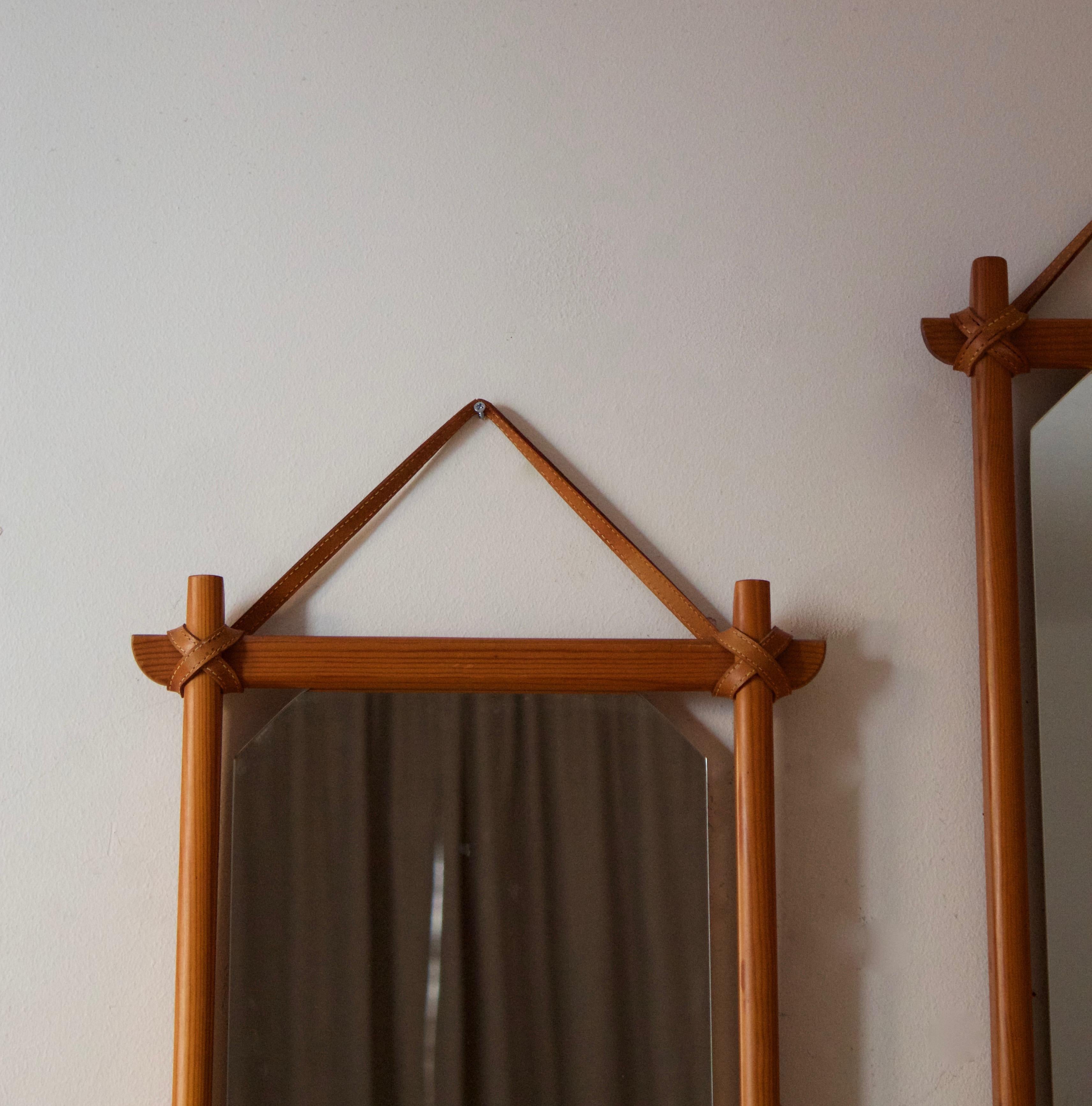 Modern Swedish, Pair of Mirrors, Pine, Natural Leather, Mirror Glass, Sweden, 1960s