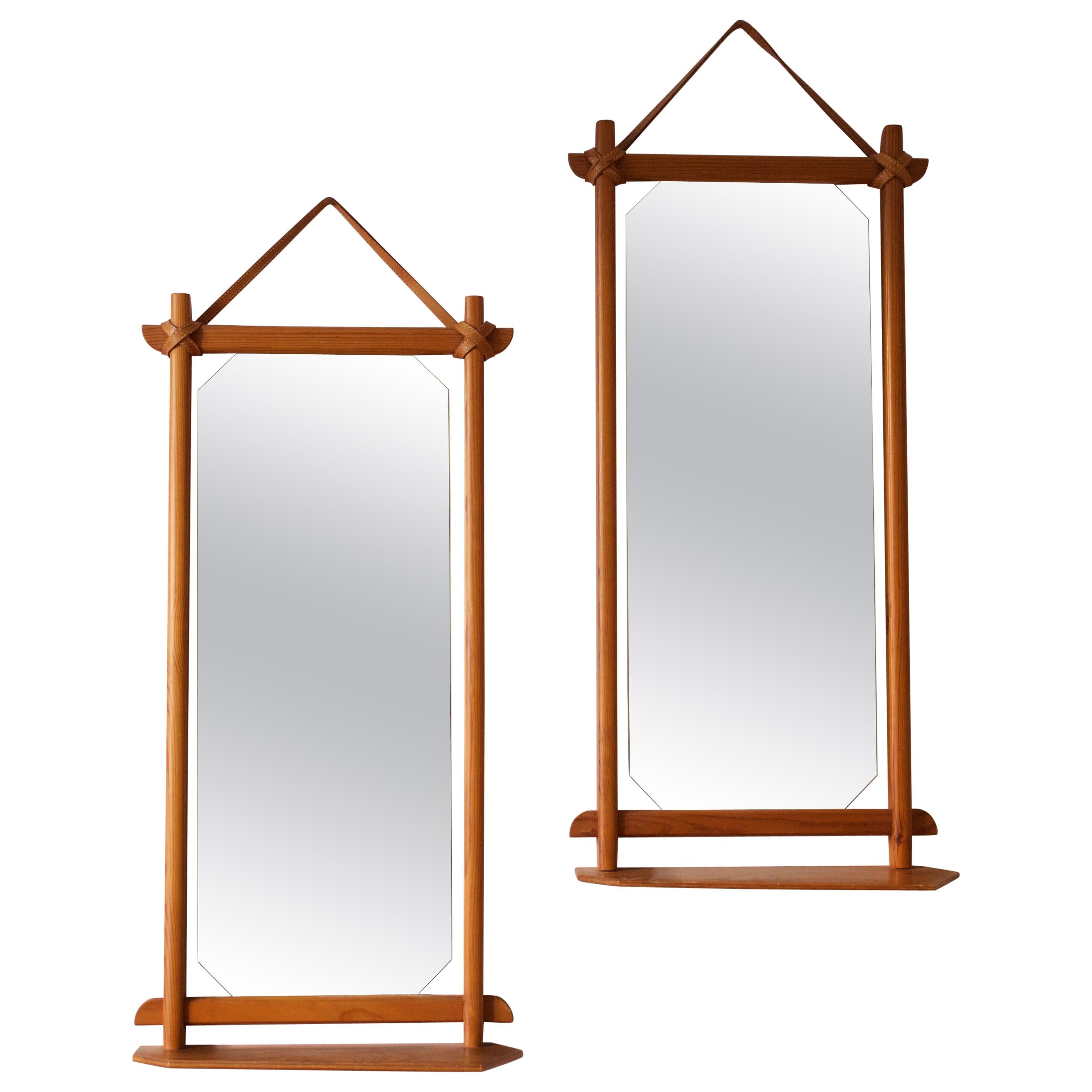 Swedish, Pair of Mirrors, Pine, Natural Leather, Mirror Glass, Sweden, 1960s