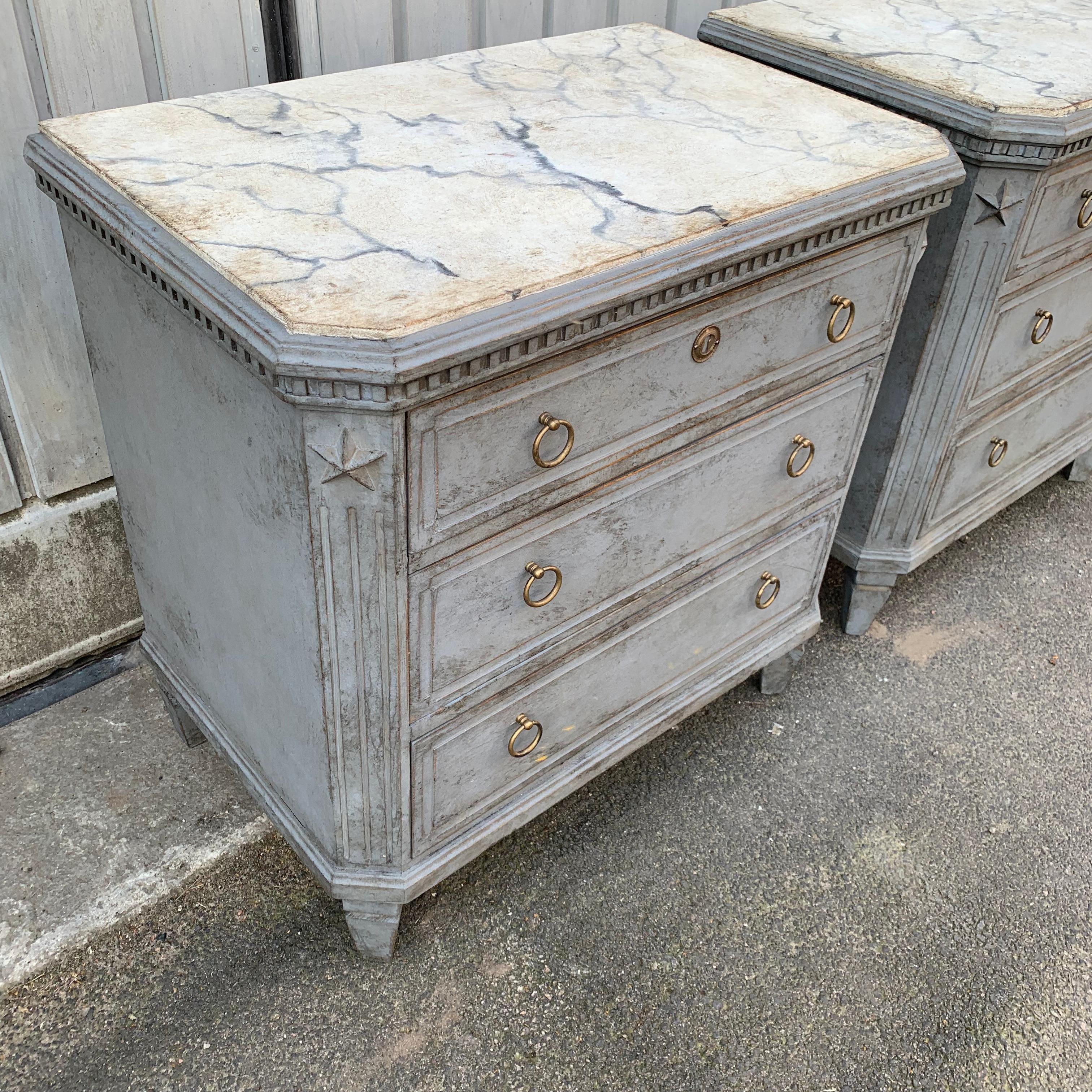 Swedish Pair of Painted Faux Marble Top Gustavian Style Dressers 5