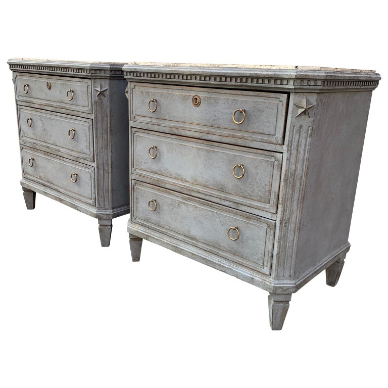 Swedish Pair Of Painted Faux Marble Top Gustavian Style Dressers