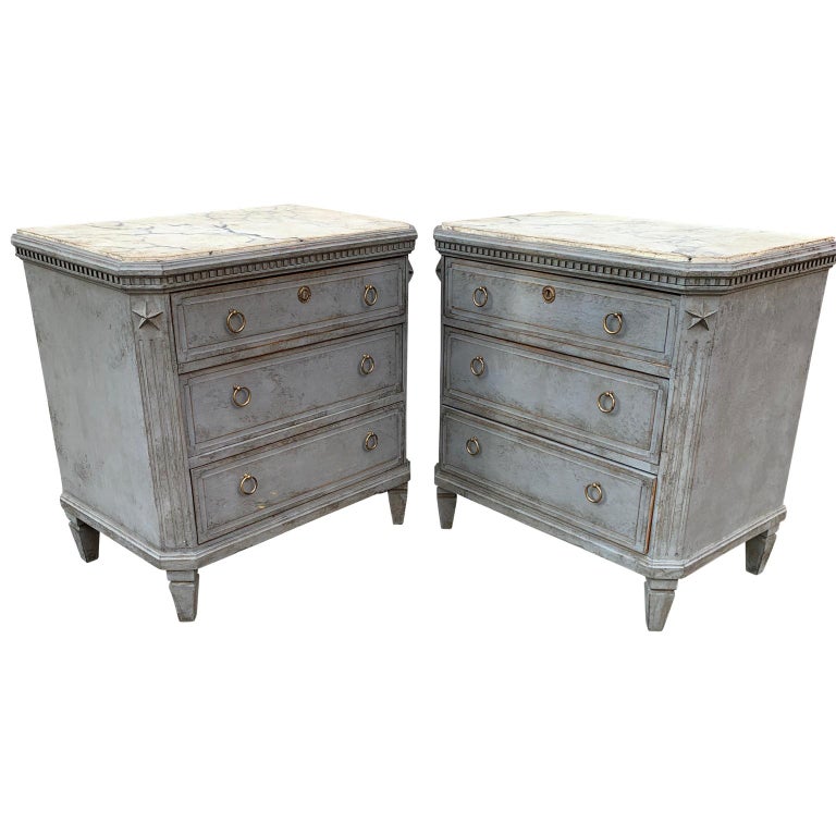 Swedish Pair Of Painted Faux Marble Top Gustavian Style Dressers