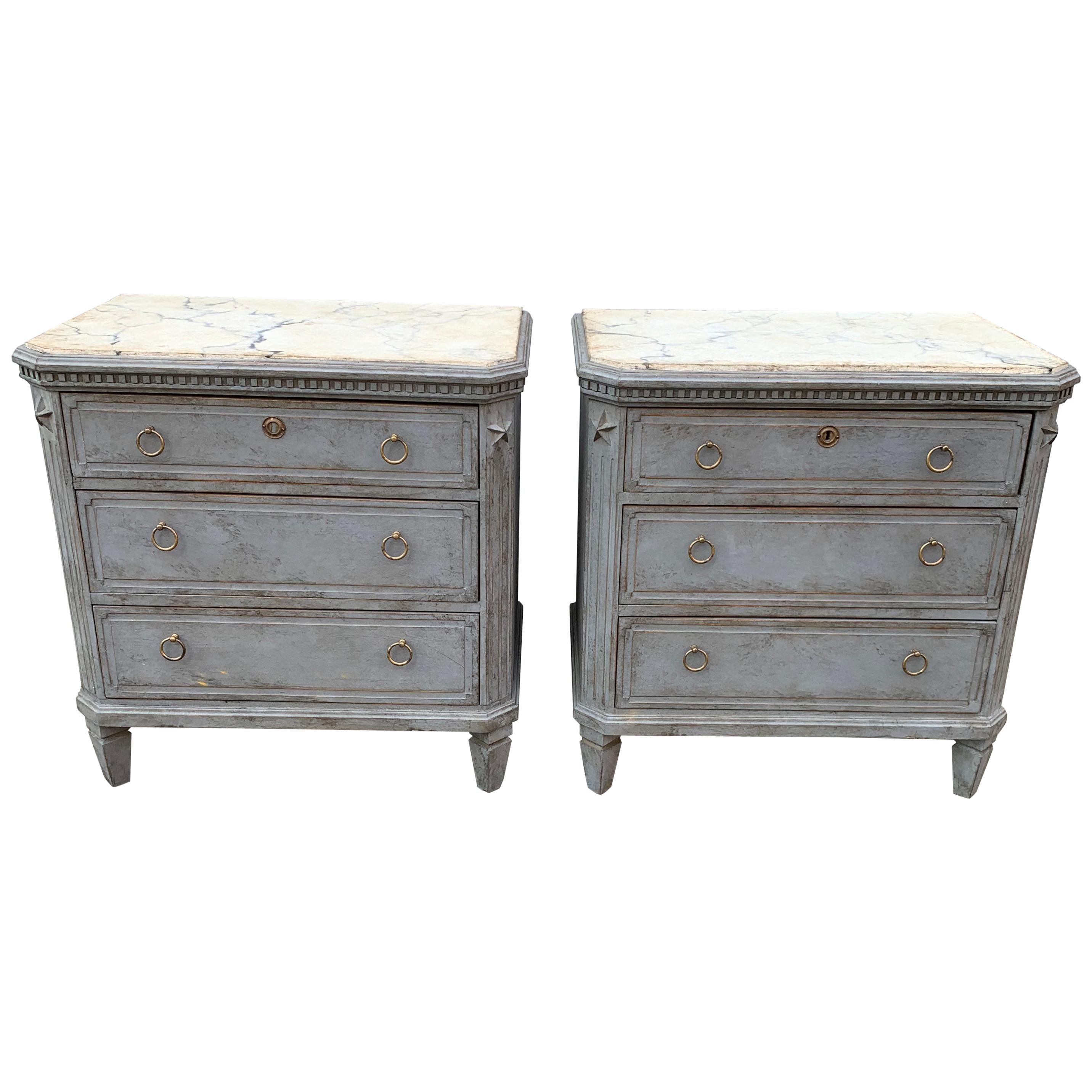 Swedish Pair of Painted Faux Marble Top Gustavian Style Dressers