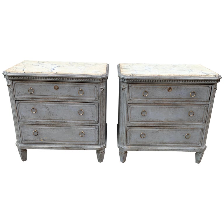Swedish Pair Of Painted Faux Marble Top Gustavian Style Dressers