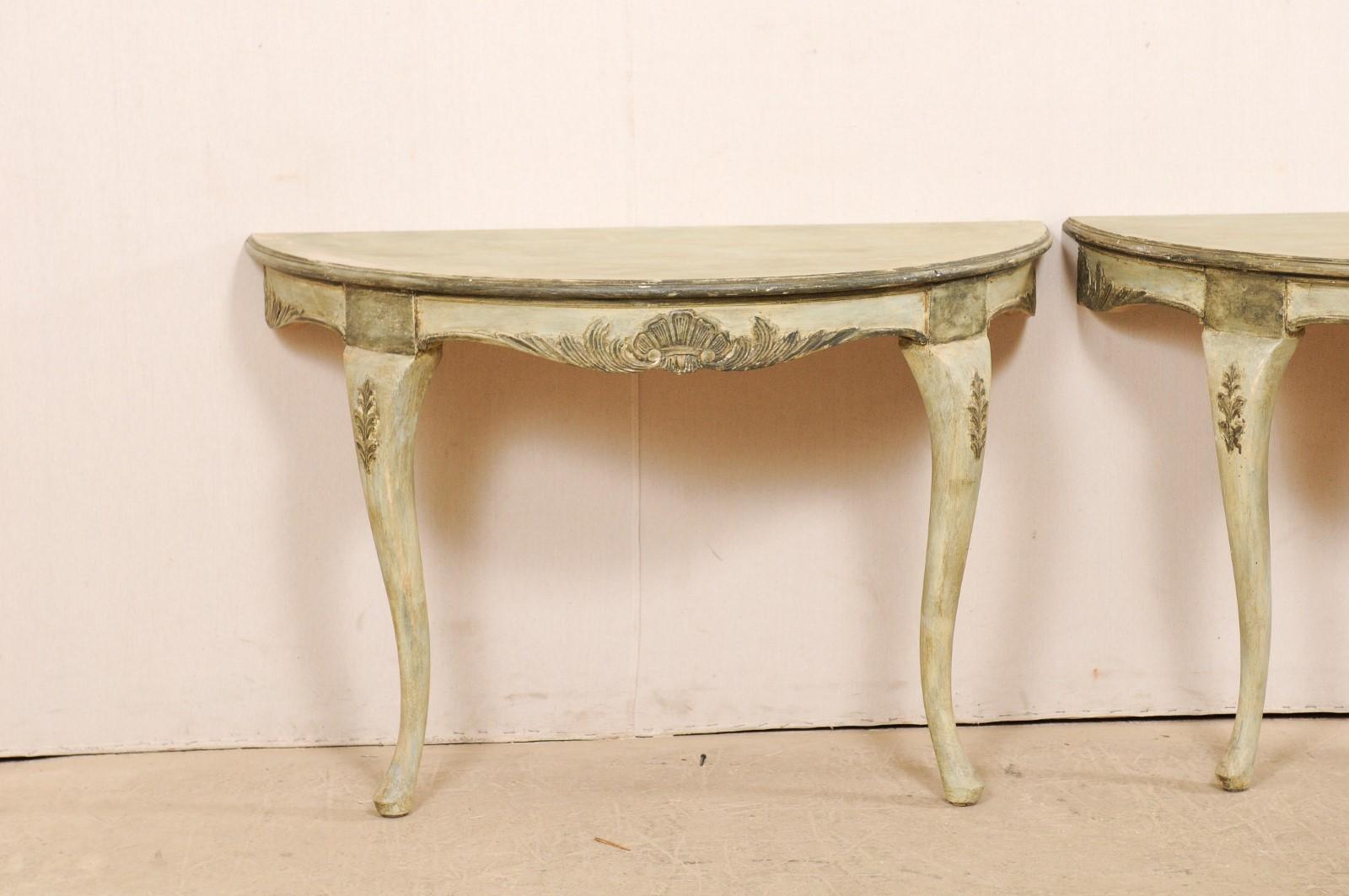 Swedish Pair of Wall-Mounted Demilune Tables with Carved Shell & Foliage Accents In Good Condition For Sale In Atlanta, GA