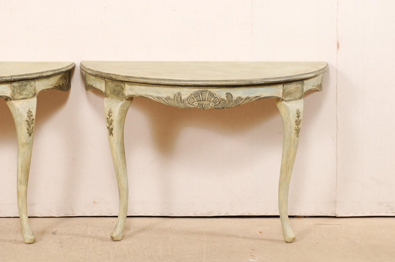 20th Century Swedish Pair of Wall-Mounted Demilune Tables with Carved Shell & Foliage Accents For Sale