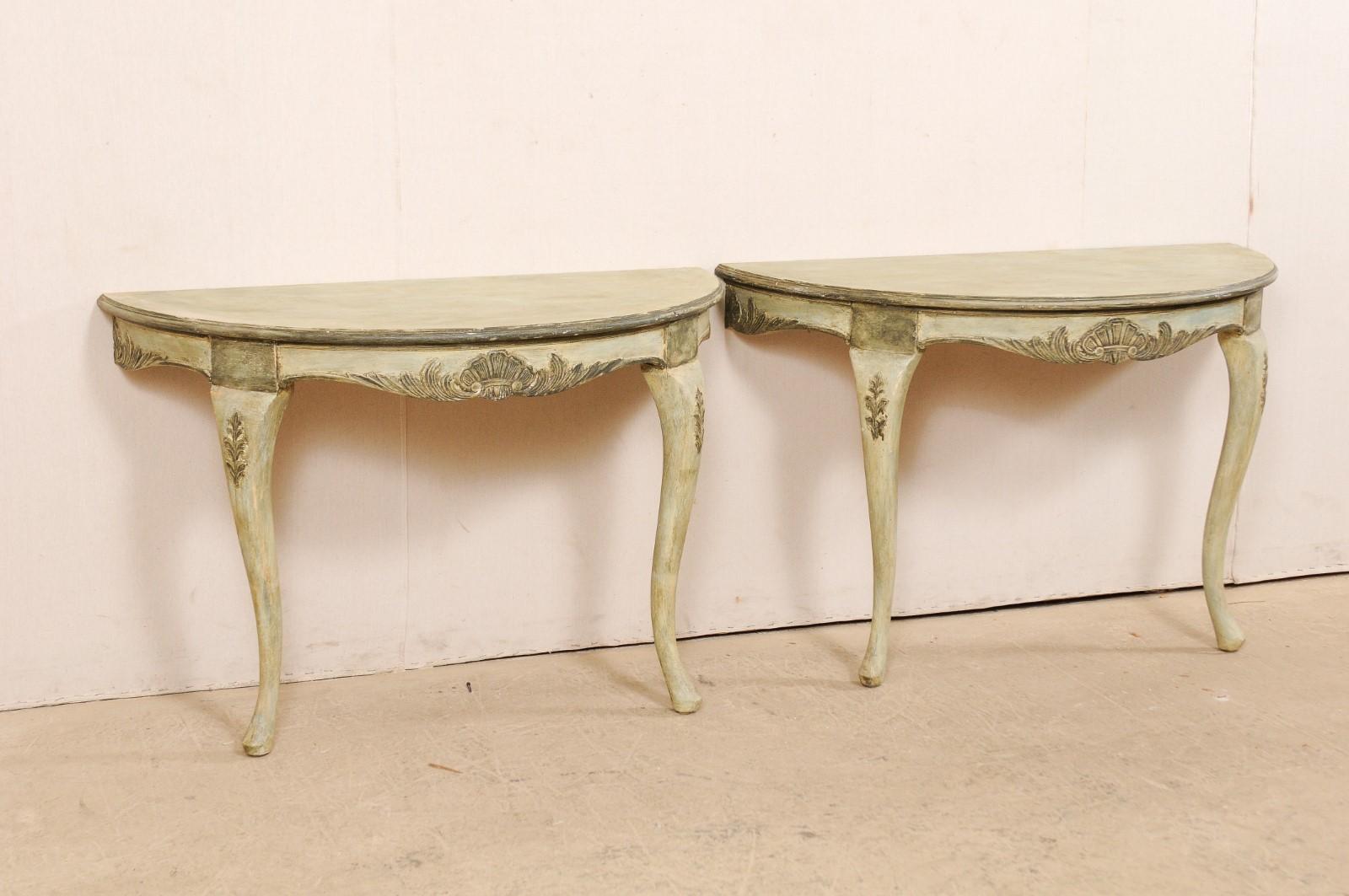 Swedish Pair of Wall-Mounted Demilune Tables with Carved Shell & Foliage Accents For Sale 2
