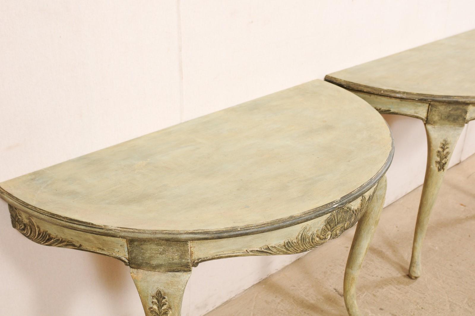 Swedish Pair of Wall-Mounted Demilune Tables with Carved Shell & Foliage Accents For Sale 3
