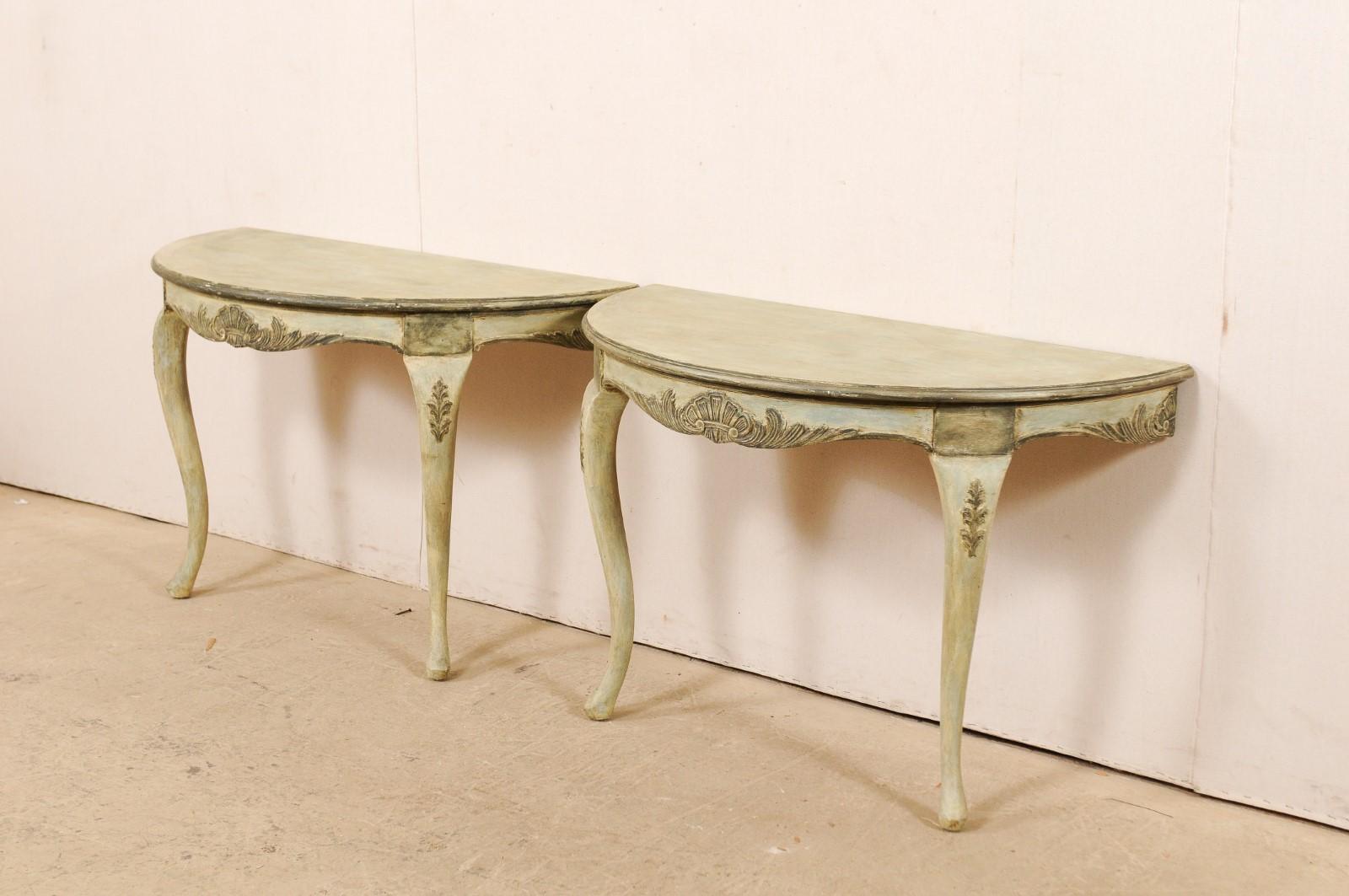 Swedish Pair of Wall-Mounted Demilune Tables with Carved Shell & Foliage Accents For Sale 4