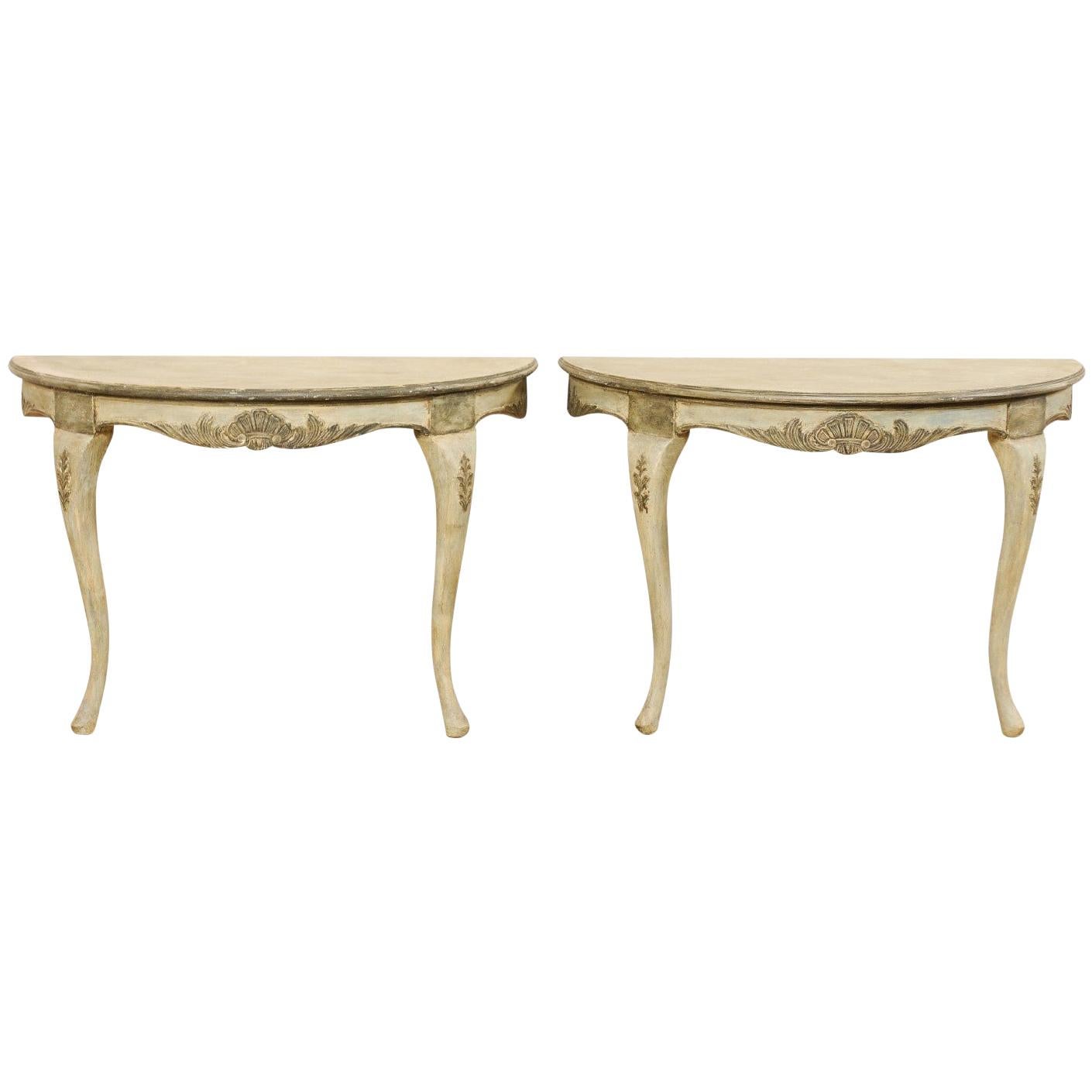 Swedish Pair of Wall-Mounted Demilune Tables with Carved Shell & Foliage Accents