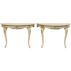Vintage Swedish Pair of Wall-Mounted Demilune Tables with Carved Shell & Foliage Accents