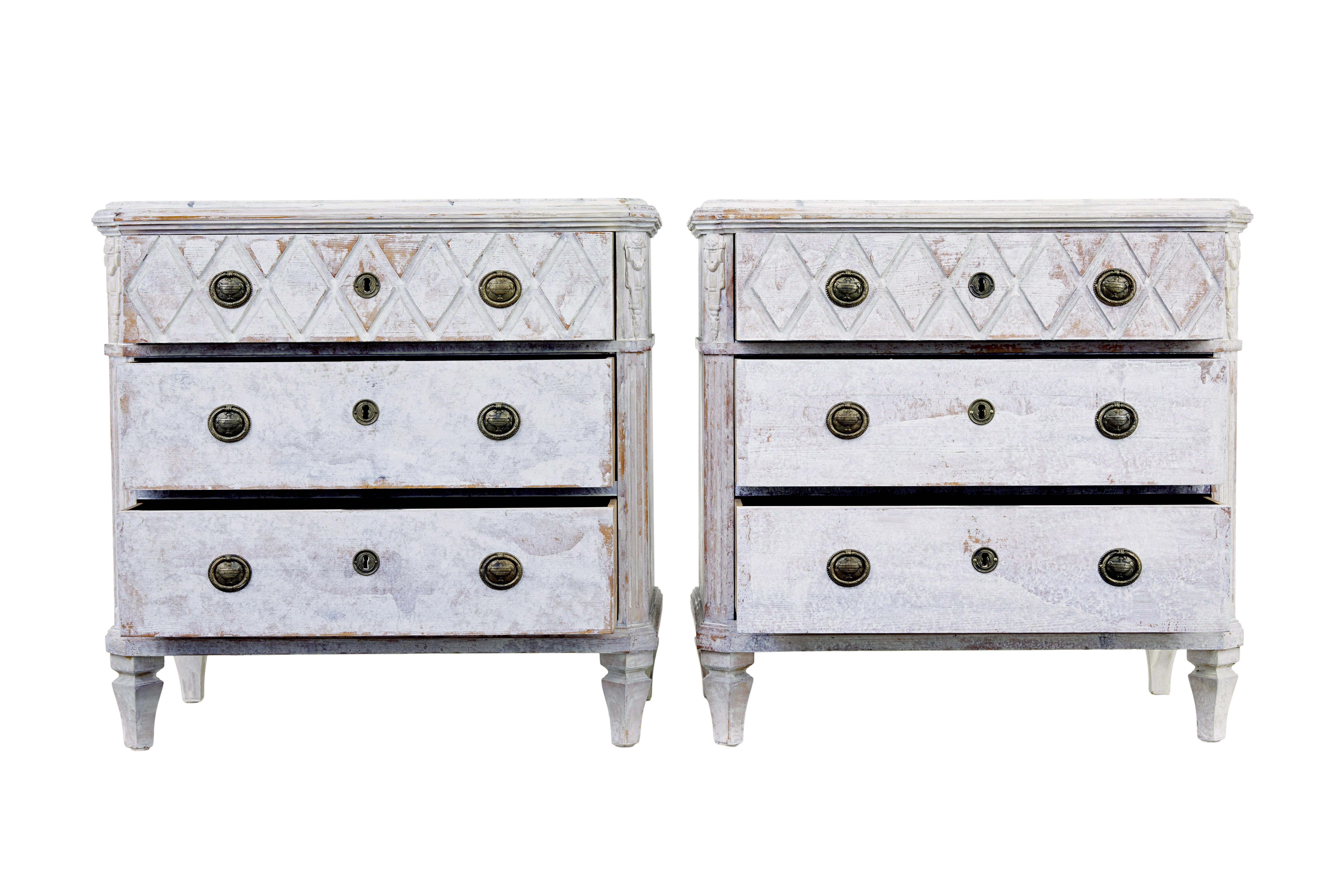 Swedish pair of white 19th century painted chest of drawers circa 1880.

Good quality pair of Swedish painted commodes.

Top surface with hand painted faux marble effect, canted corners and moulded edging.  Each chest is fitted with 3 drawers, top