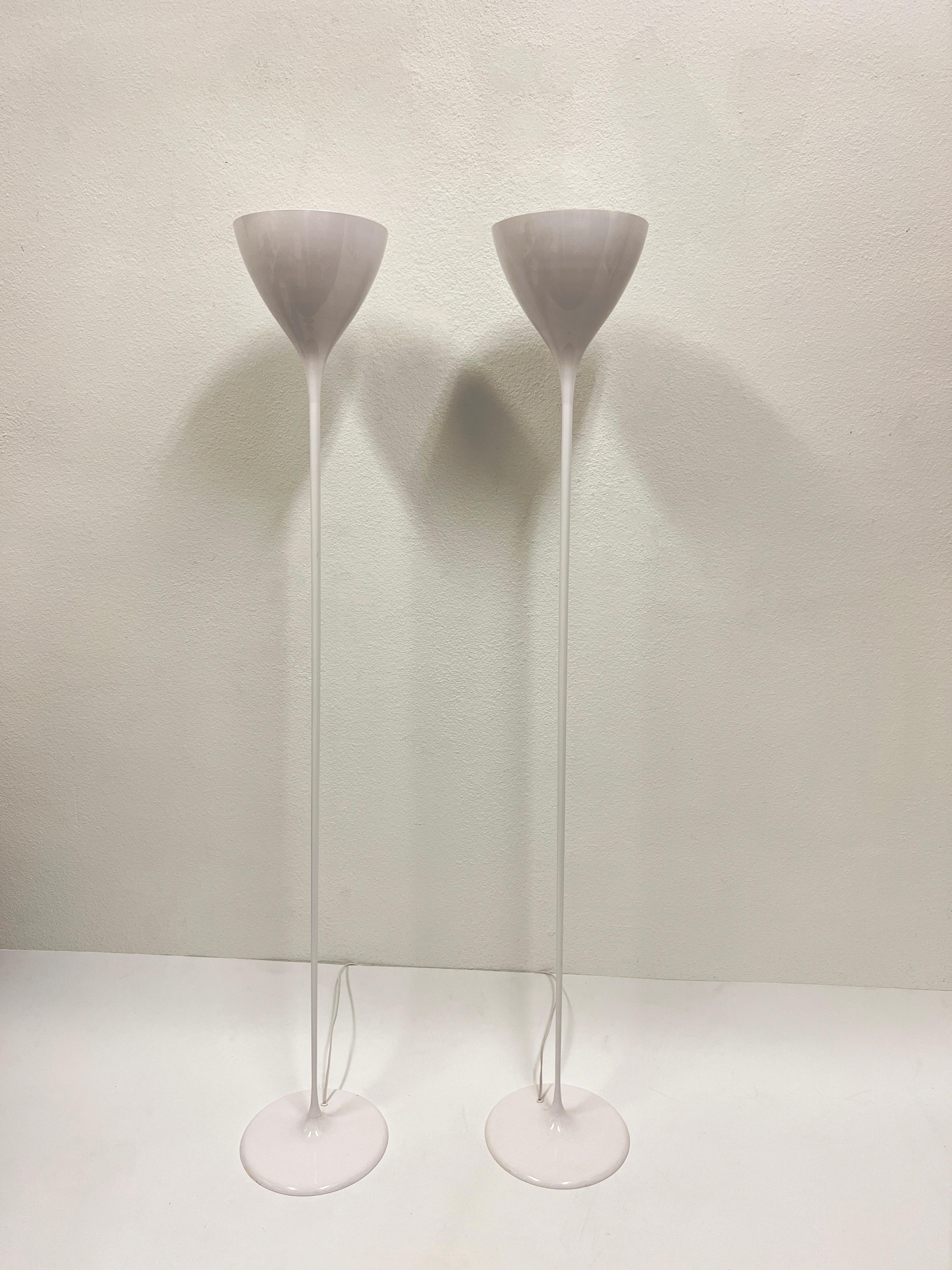 Mid-Century Modern Swedish Pair White Torchieres Floor Lamps by Max Bill