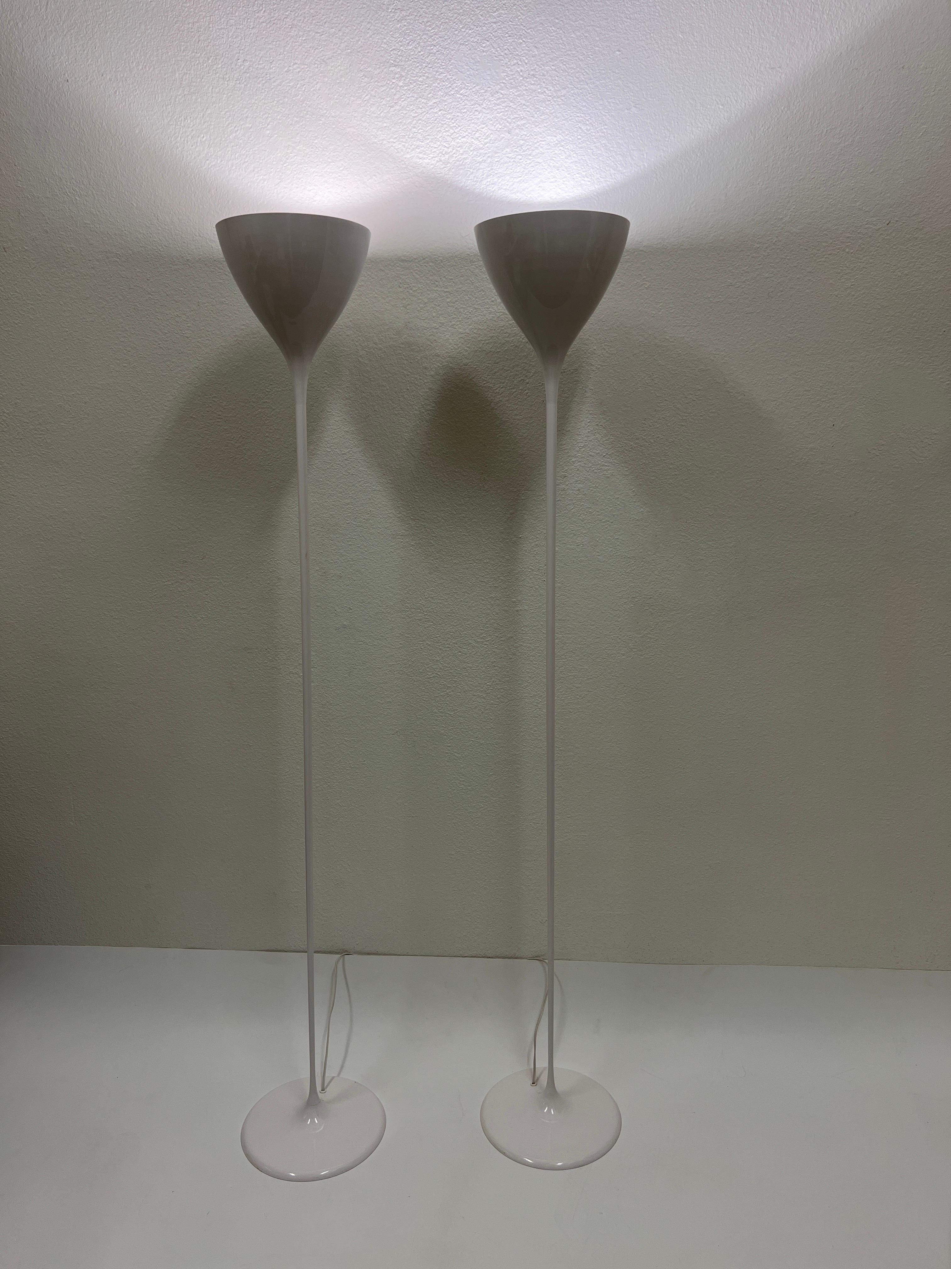Swiss Swedish Pair White Torchieres Floor Lamps by Max Bill