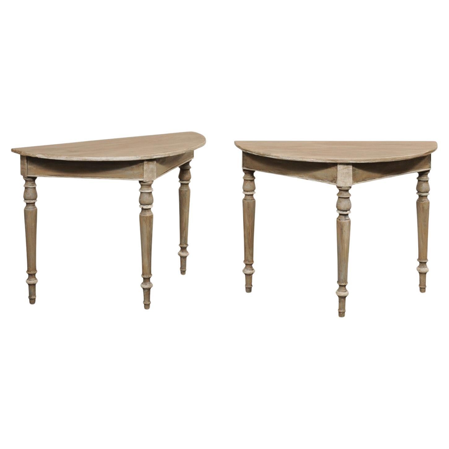 Swedish Pair Painted Wood Demi Lune Tables on Nicely Turned Legs, Circa 1890s