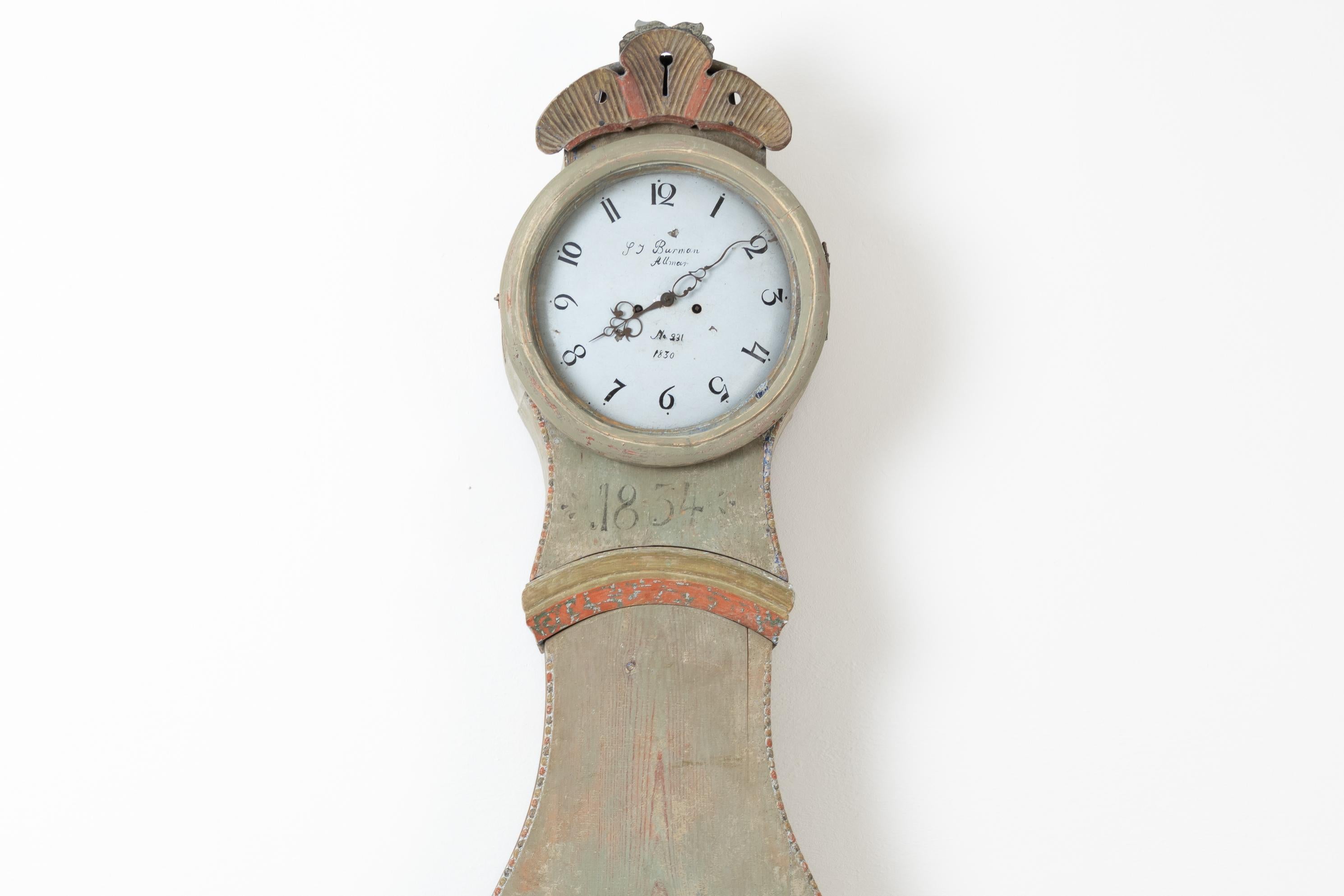 Hand-Crafted Swedish Pale Green Rococo Long Case Clock
