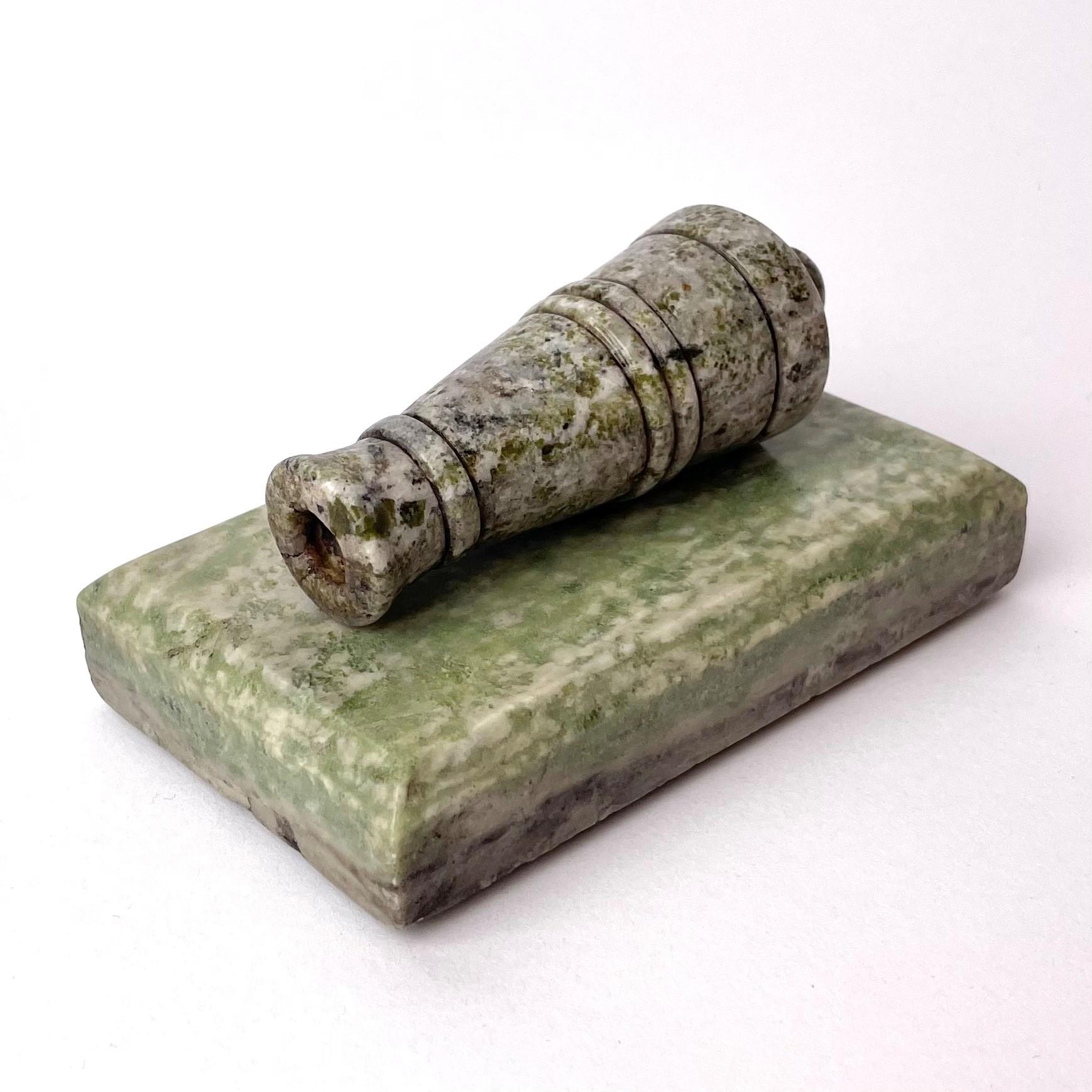 Swedish paperweight in the marble in the shape of a cannon barrel. Beautiful patina. Empire, early 19th century.

Minor chips (se pictures)

Wear consistent with age and use.