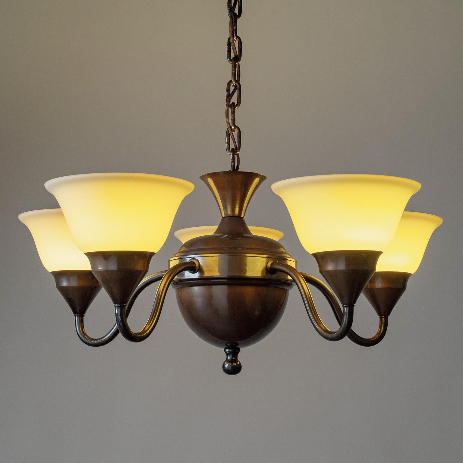 Art Deco Swedish Patinated Brass Chandelier, 1920s, Enameled Glass For Sale