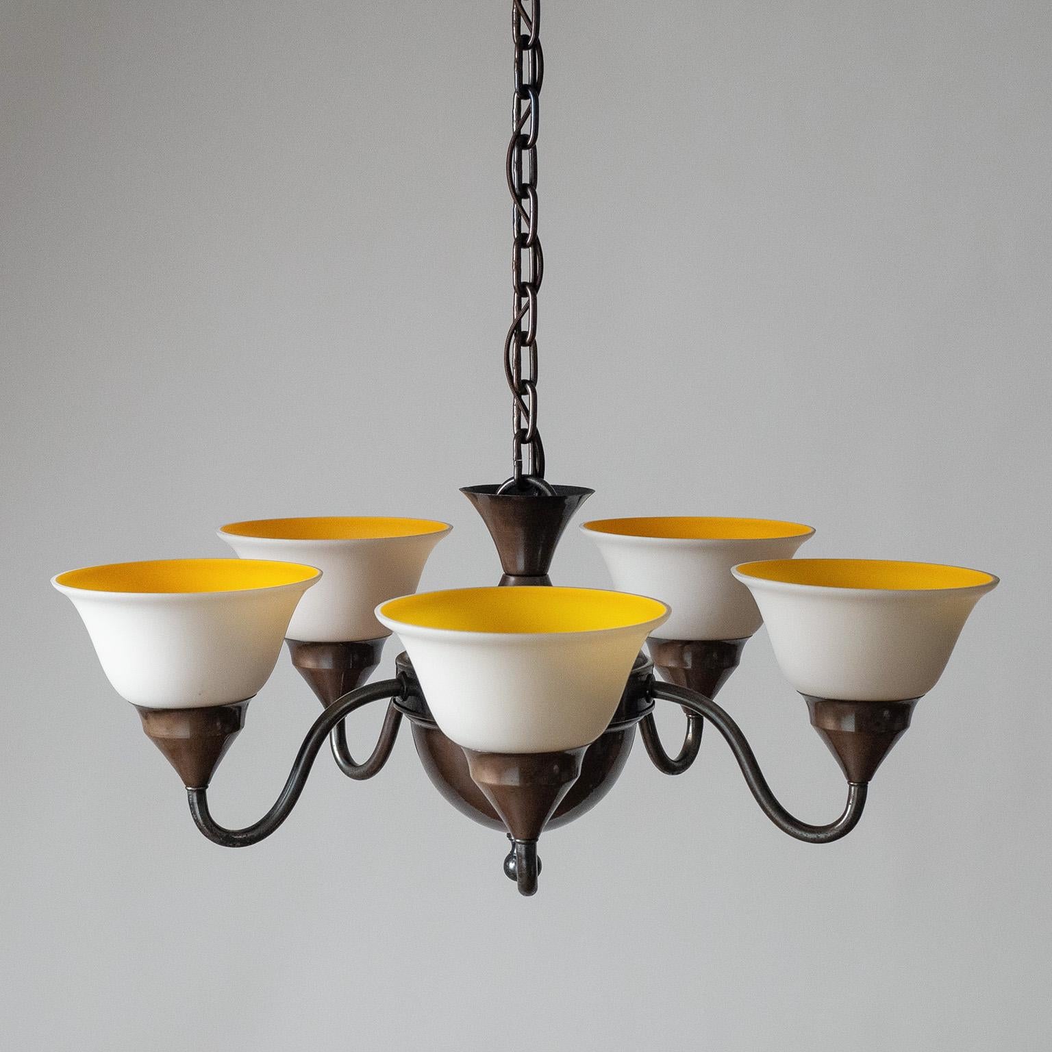 Early 20th Century Swedish Patinated Brass Chandelier, 1920s, Enameled Glass For Sale