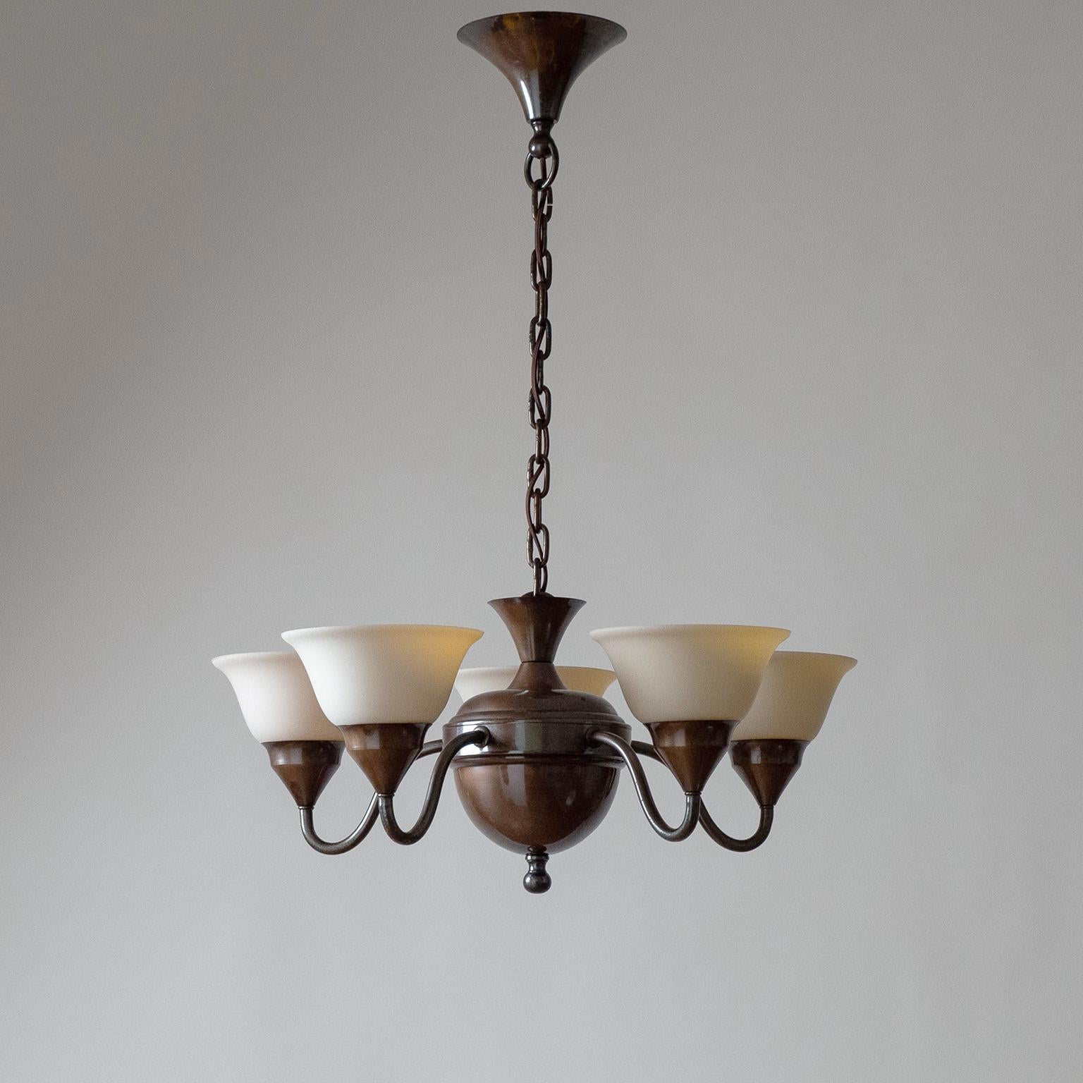 Swedish Patinated Brass Chandelier, 1920s, Enameled Glass For Sale 1