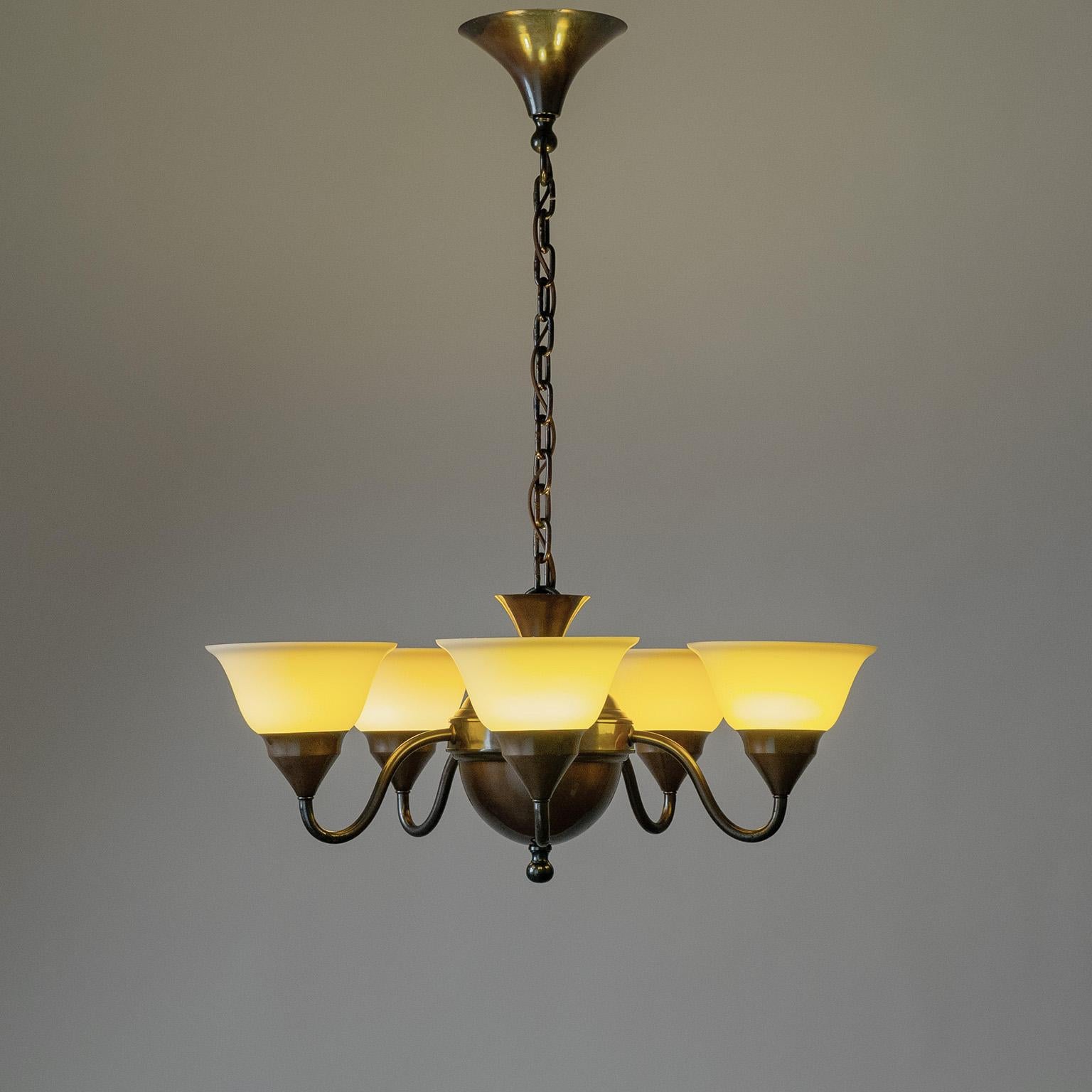 Swedish Patinated Brass Chandelier, 1920s, Enameled Glass For Sale 3