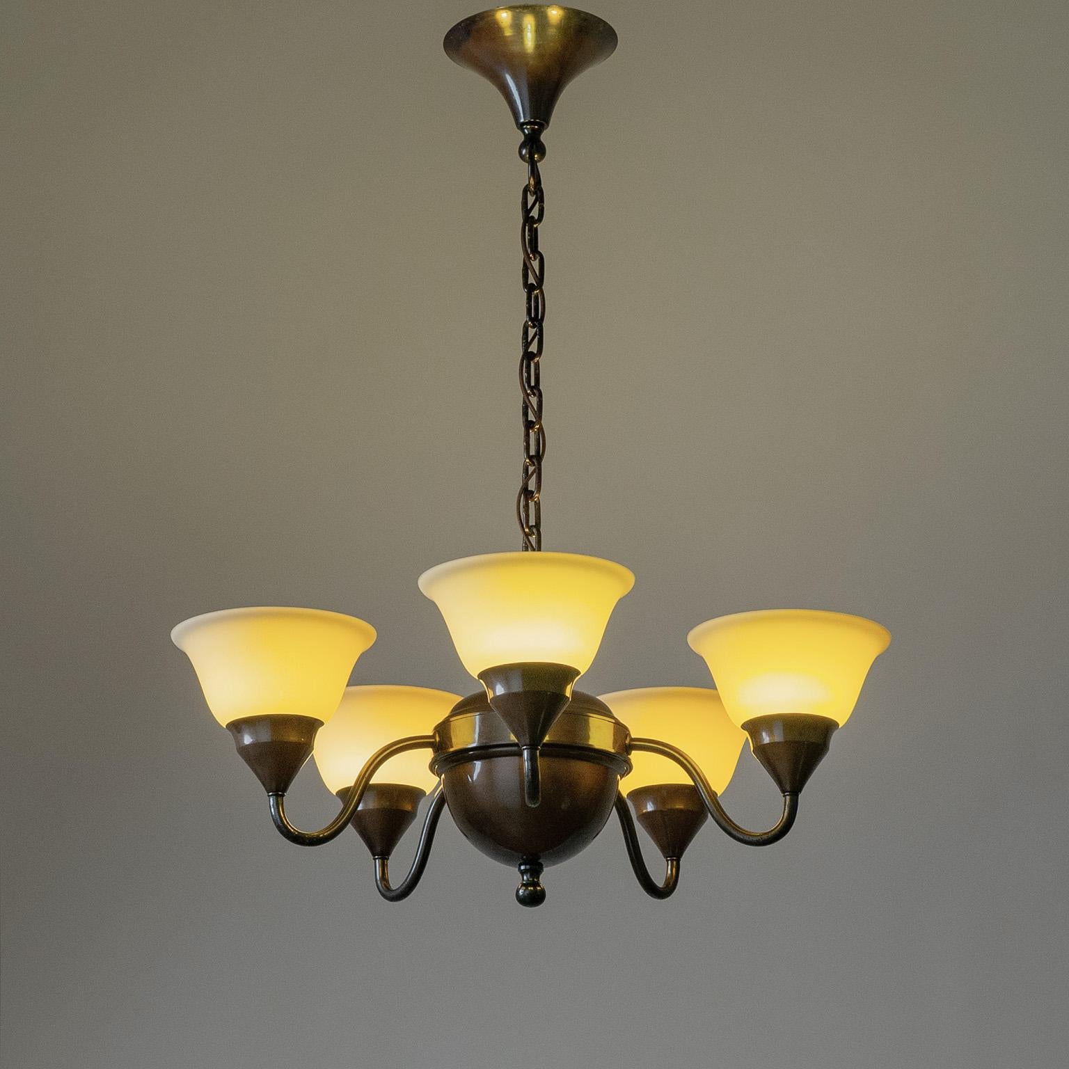 Swedish Patinated Brass Chandelier, 1920s, Enameled Glass For Sale 4