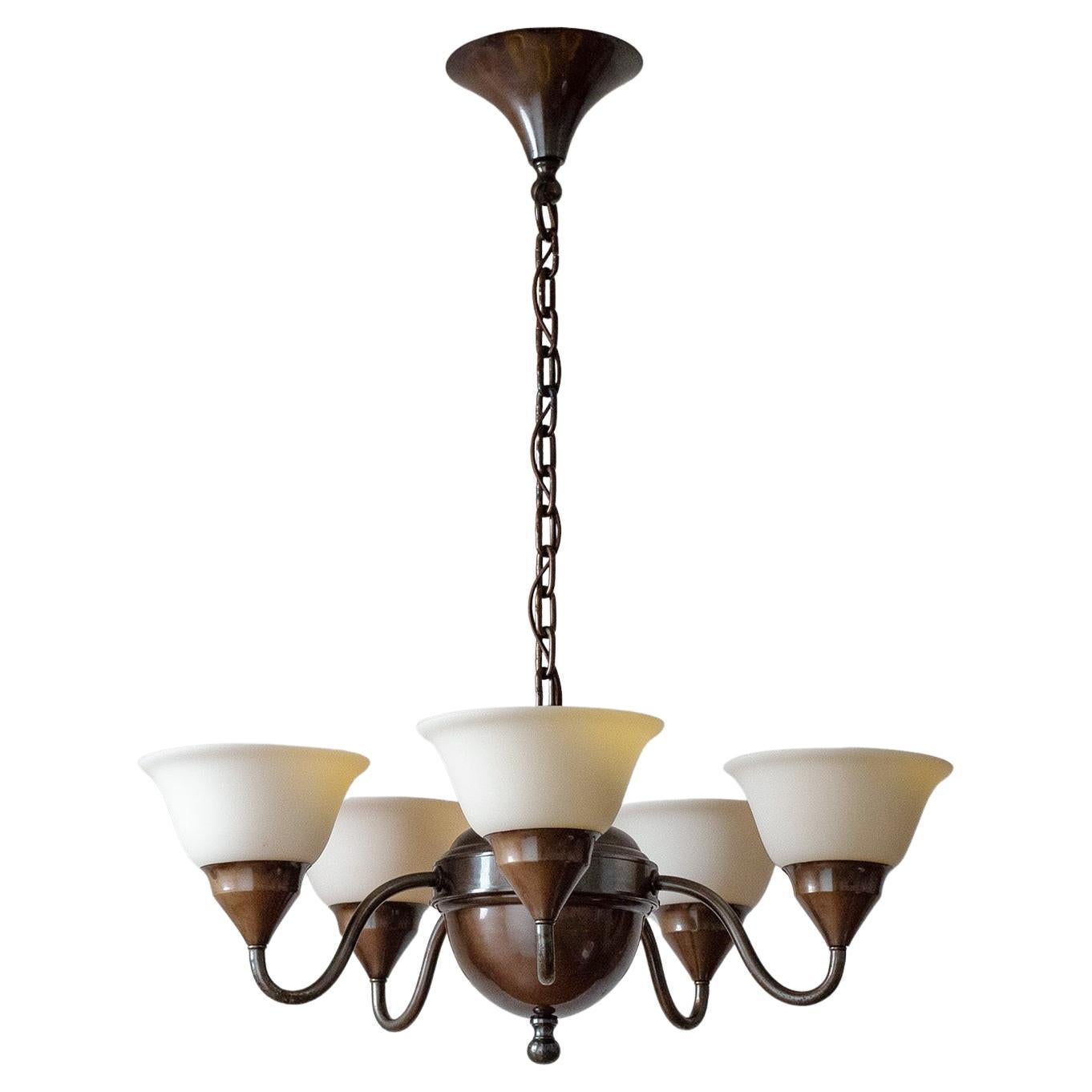 Swedish Patinated Brass Chandelier, 1920s, Enameled Glass